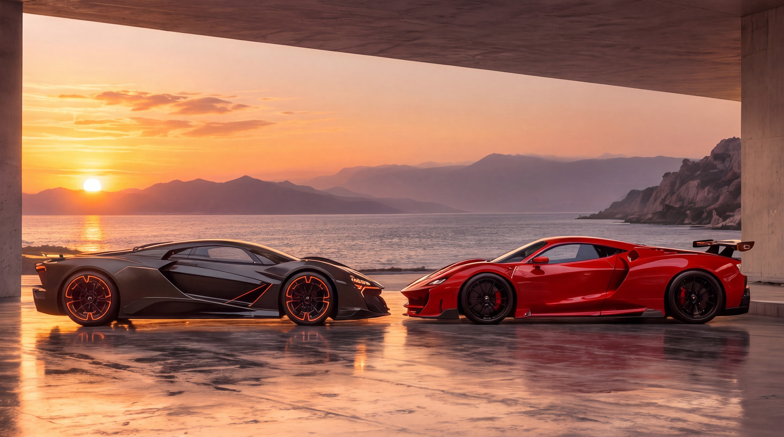 Zwei Sportwagen im Profil, Seite an Seite vor dem Meer.