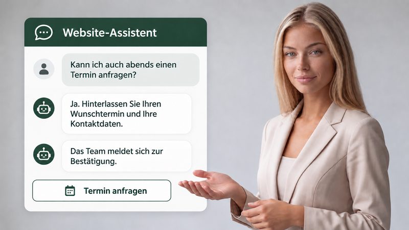 Tine neben einem Chat, der Wunschtermin und Kontaktdaten für eine Anfrage erfasst.