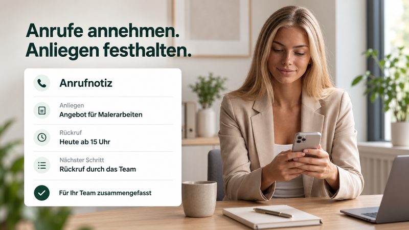 Tine am Arbeitsplatz neben einer Anrufnotiz mit Anliegen und Rückrufwunsch.