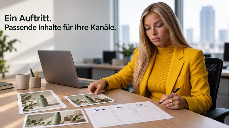 Tine im gelben Büro-Outfit stellt Produktmotive für Social-Media-Inhalte zusammen.
