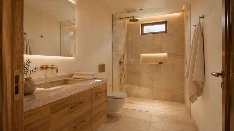 Badezimmer mit Dusche und Holzwaschtisch.