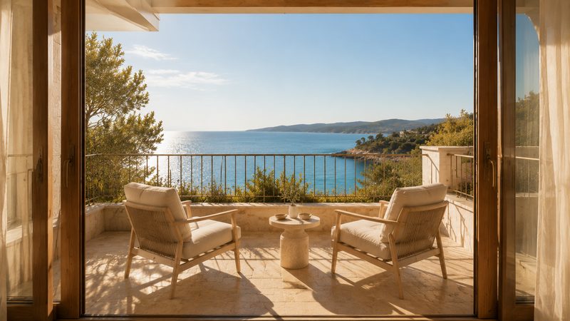 Private Loggia mit Blick aufs Wasser.