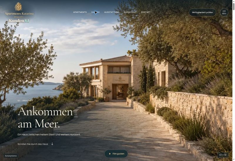 Originalansicht der Apartments-Katarina-Website: Ankommen am Meer.
