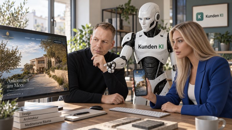 Patrick, Tine und Kai prüfen einen Website-Entwurf am Bildschirm und auf dem Smartphone.