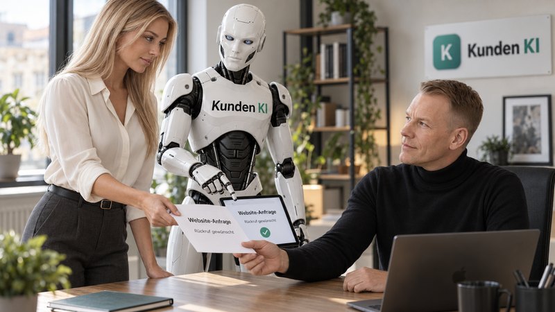 Tine übergibt Patrick eine Kundenanfrage; Kai zeigt die dazugehörigen Angaben auf einem Tablet.