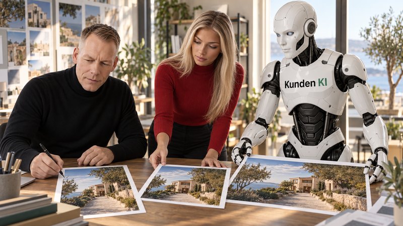 Patrick, Tine und Kai stimmen Hotelmotive für unterschiedliche Marketingformate ab.