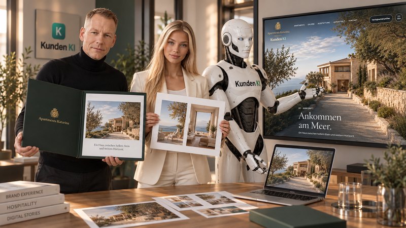 Patrick, Tine und Kai stellen gemeinsam Website- und Filmmotive für eine Projektübergabe vor.