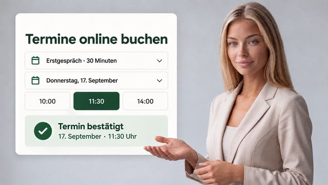 Tine neben einer Terminwahl mit Uhrzeiten und Buchungsbestätigung.
