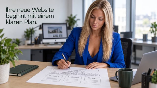 Tine im blauen Büro-Outfit plant den Aufbau einer Website auf Papier.