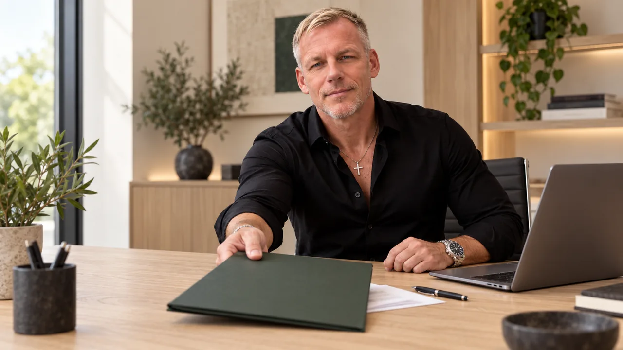 Patrick reicht eine grüne Projektmappe über den Schreibtisch. Inszeniertes Kunden-KI-Motiv.