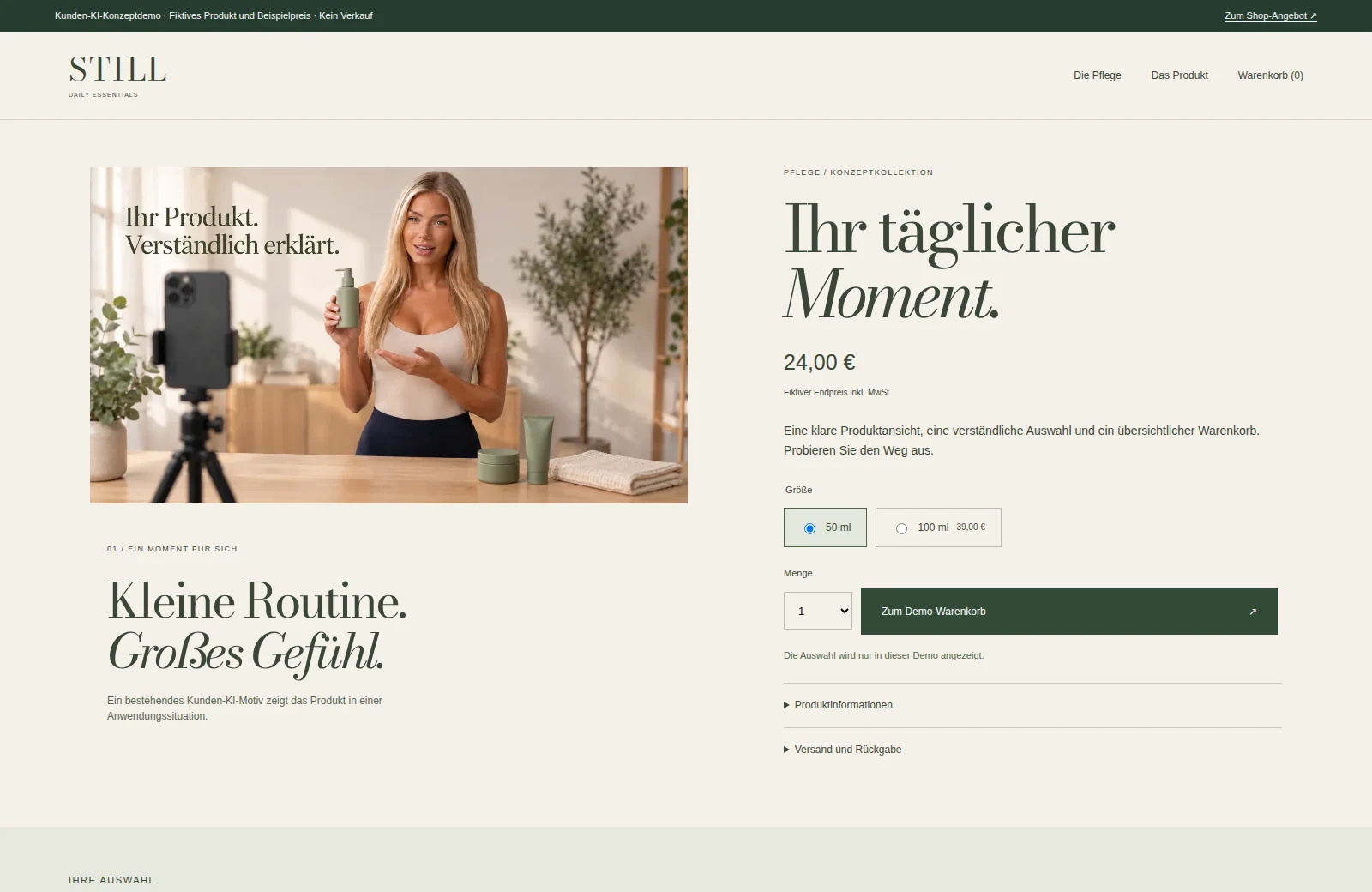 Moderne Produktseite mit Produktmotiv, Größenauswahl und Demo-Warenkorb.