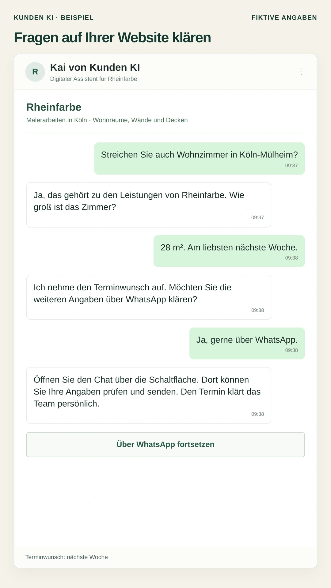 Gestaltetes Beispiel, vollständiger Website-Chat: Kai fragt nach der Zimmergröße, nimmt den Terminwunsch auf und bietet an, über WhatsApp fortzusetzen