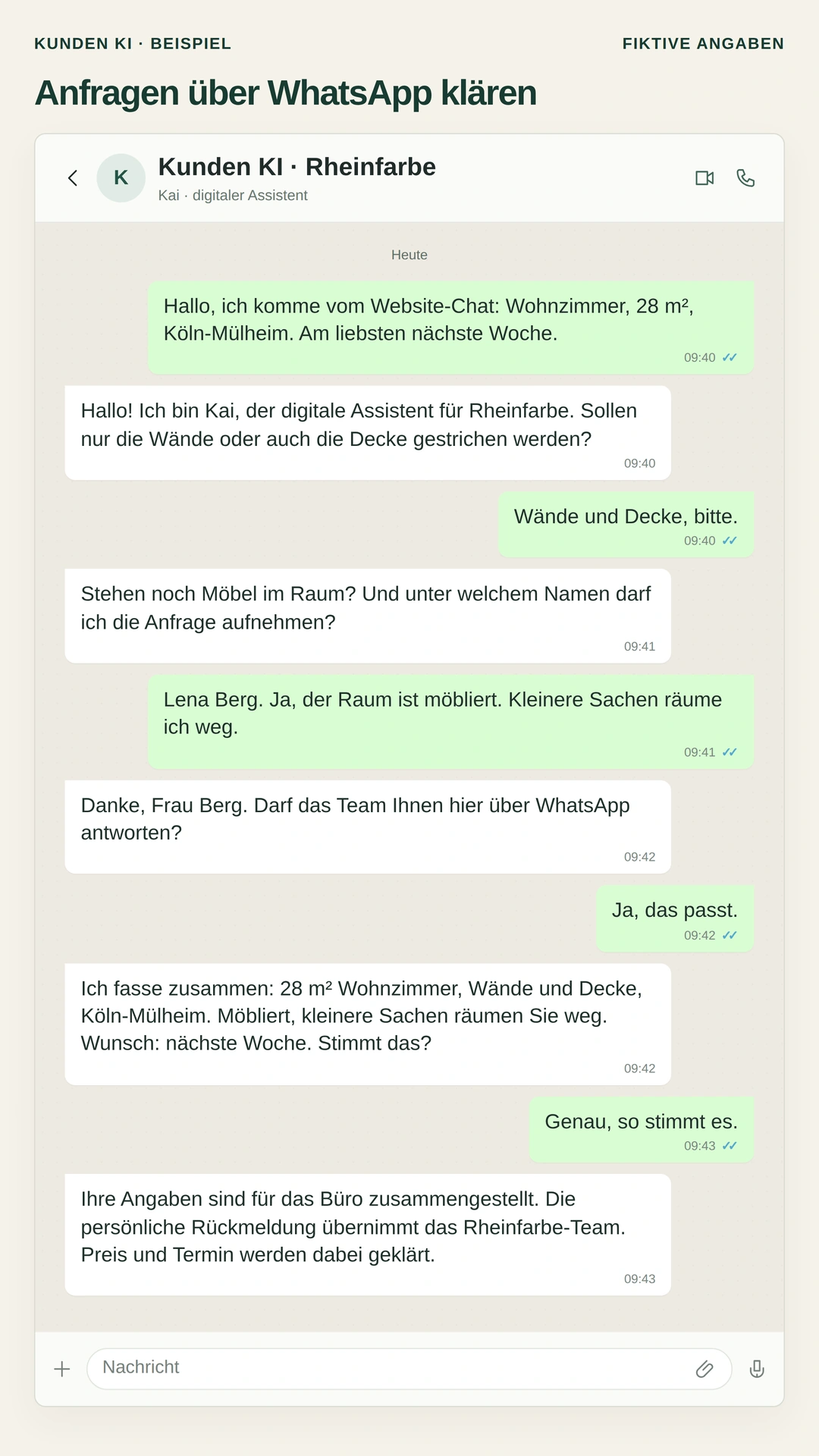 Gestaltetes Beispiel, vollständiger WhatsApp-Chat: Kai klärt Wände, Decke, Möbel und den Namen der Kundin und fasst die Anfrage für das Büro zusammen