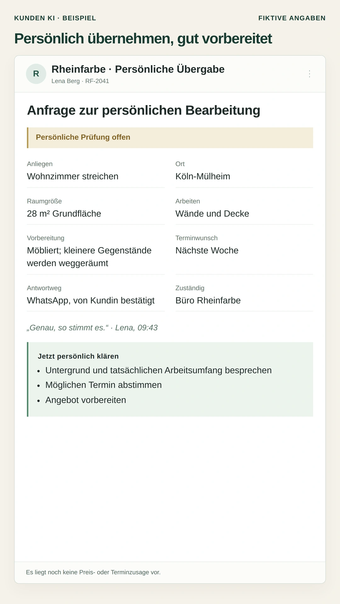 Gestaltetes Beispiel, vollständige Übergabeansicht mit allen geklärten Angaben zur Anfrage und den Punkten, die das Team persönlich klären soll