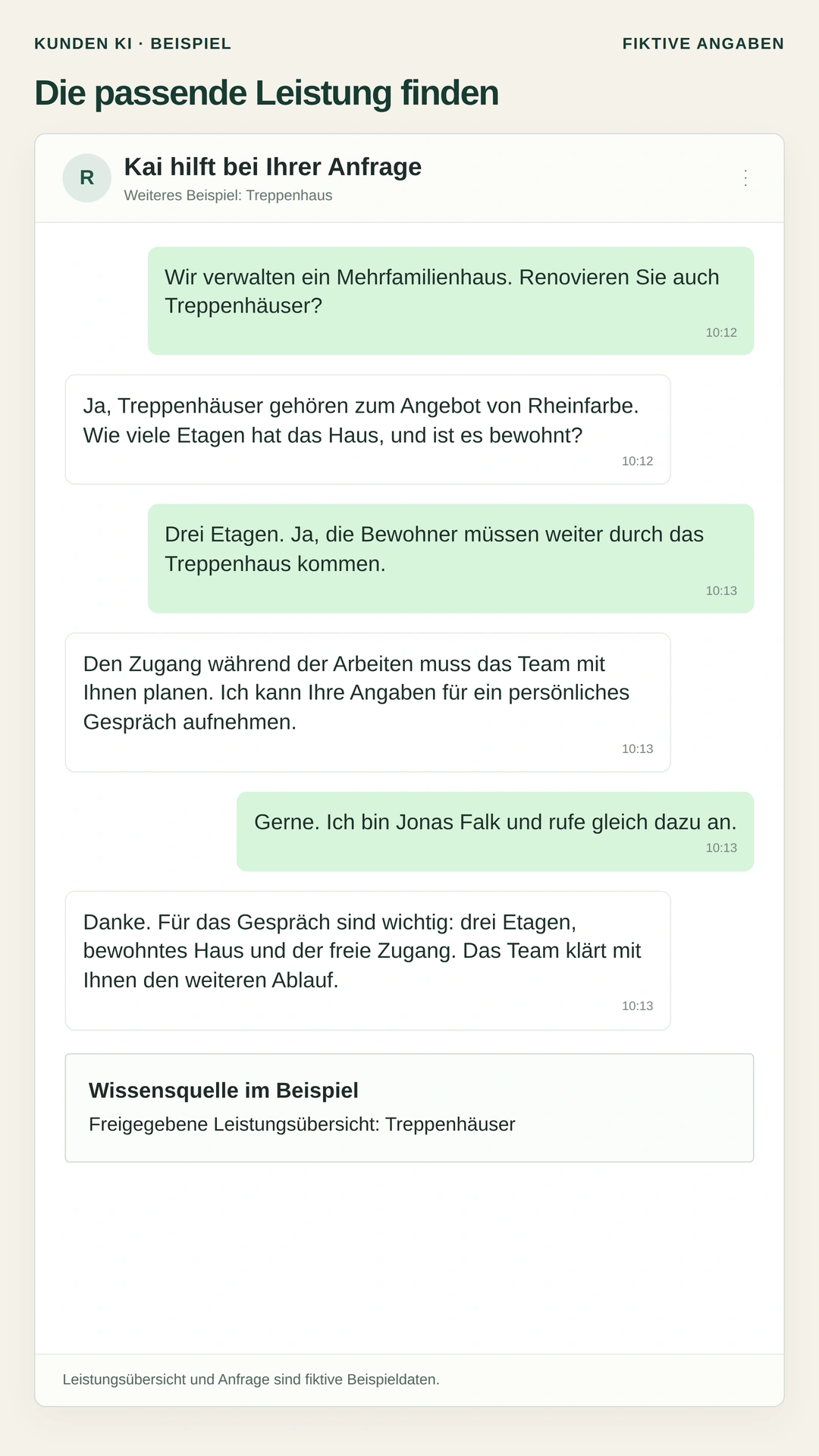 Gestaltetes Beispiel, vollständiger Chat: Kai klärt Etagen und Zugang eines bewohnten Treppenhauses und nennt die freigegebene Leistungsübersicht als Wissensquelle