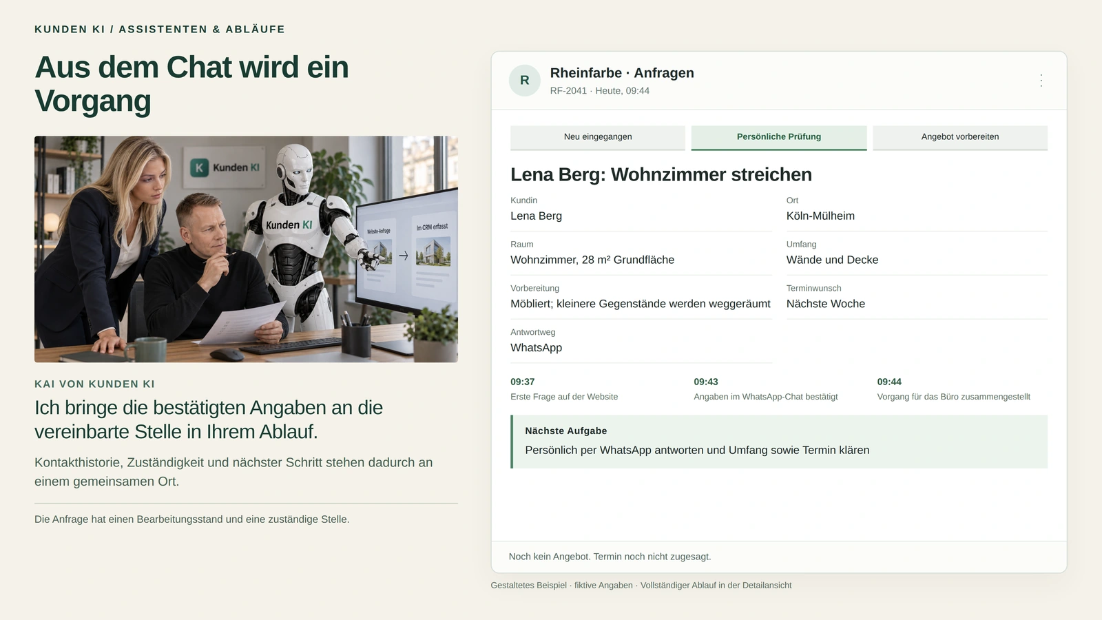 Gestaltetes Beispiel: eine Frau, ein Mann und ein humanoider Roboter vor einem Bildschirm, daneben der Vorgang „Lena Berg: Wohnzimmer streichen“ mit Bearbeitungsstand