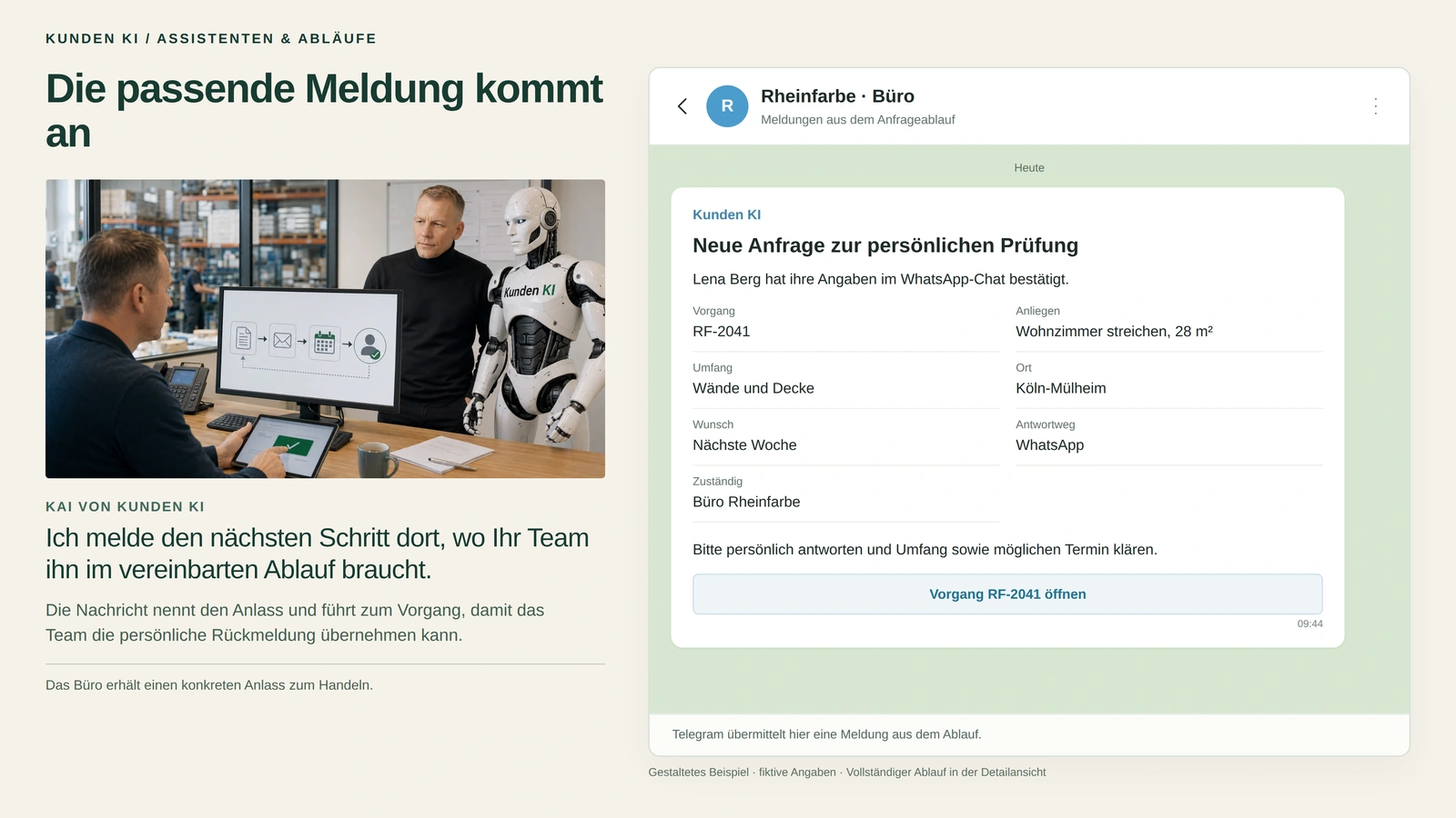 Gestaltetes Beispiel: ein Mann am Bildschirm, ein zweiter Mann und ein humanoider Roboter in einer Lagerhalle, daneben eine Telegram-Meldung „Neue Anfrage zur persönlichen Prüfung“