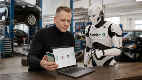 Kai von Kunden KI in einer gestalteten Arbeitsszene.