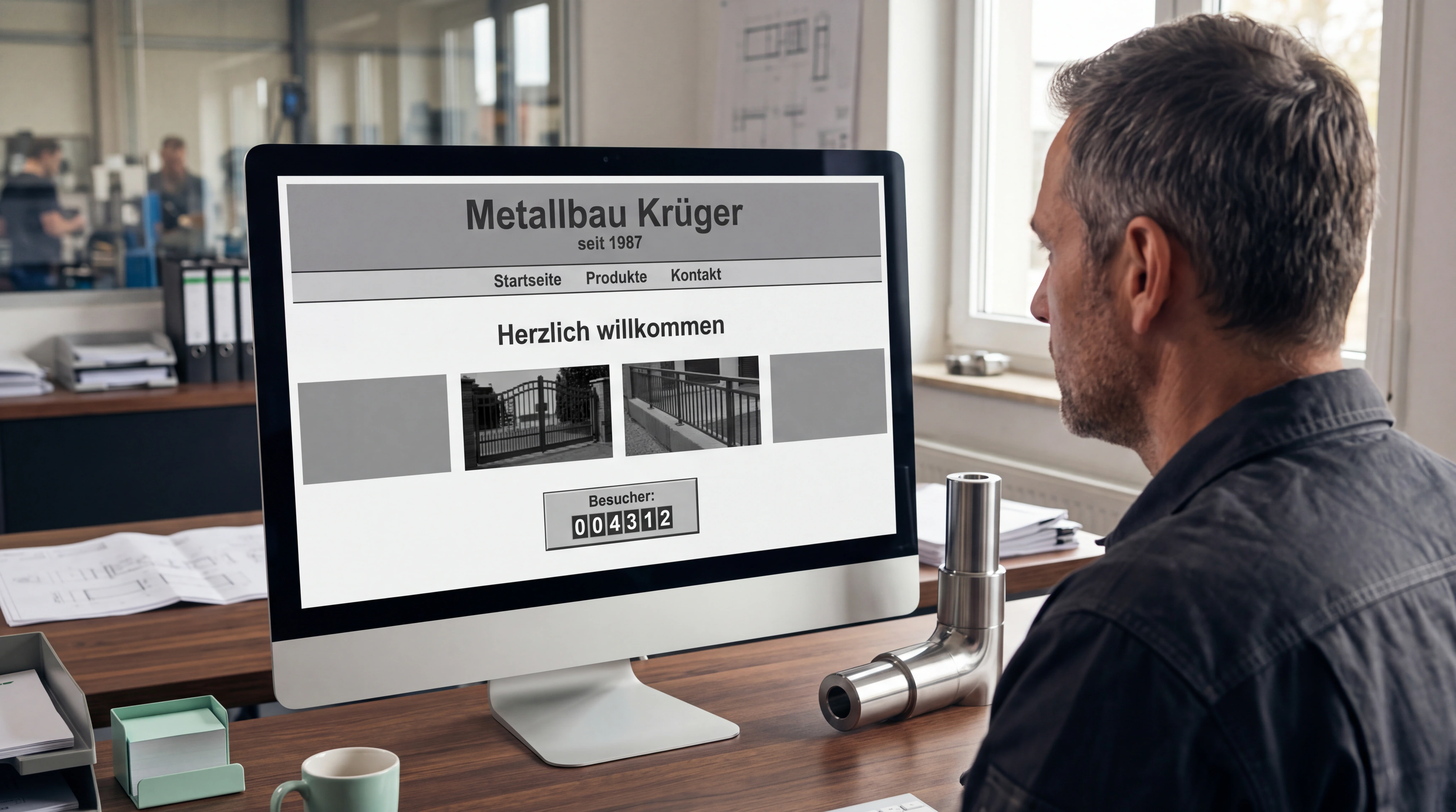 Ein mittelständischer Handwerksmeister betrachtet seine sichtbar veraltete, dicht aufgebaute Website auf einem Desktop-Monitor; daneben liegt ein aktuelles, hochwertiges Produktmuster. Der Kontrast zwischen gutem Betrieb und schwacher digitaler Darstellung ist sofort verständlich.