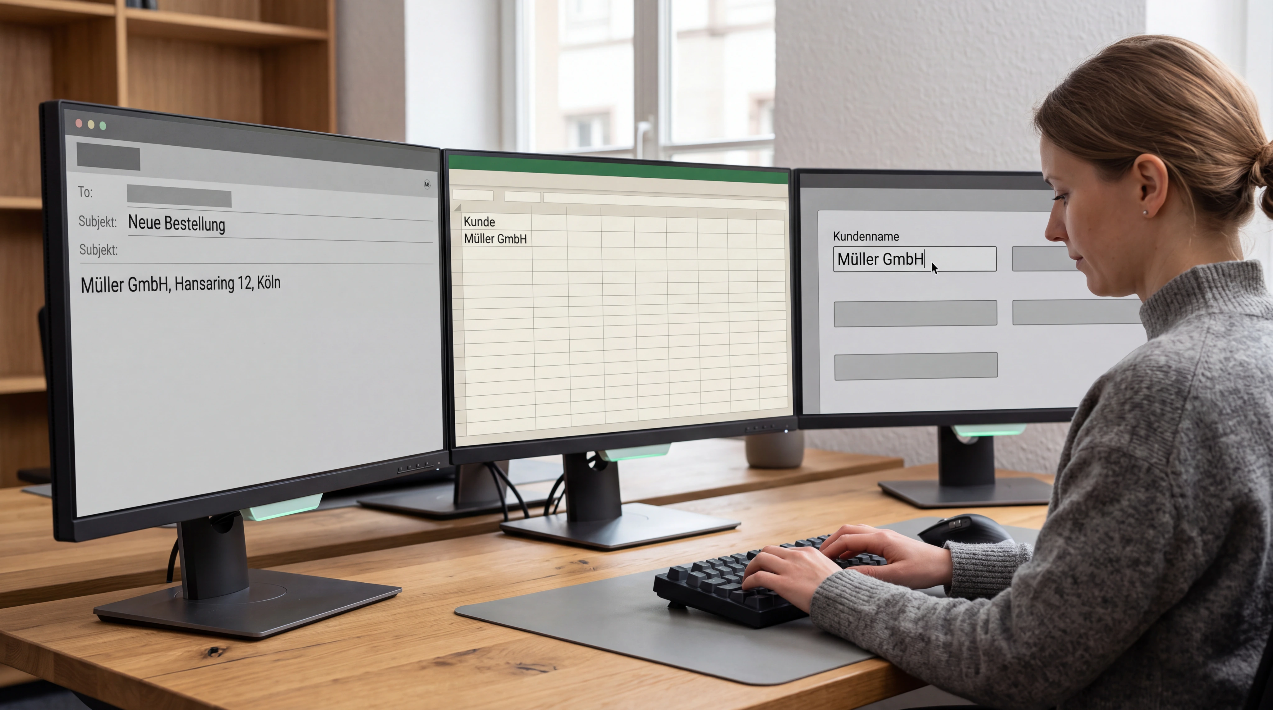 Backoffice eines kleinen Unternehmens: eine Mitarbeiterin überträgt dieselben Kundendaten sichtbar von einer E-Mail in eine Tabelle und anschließend in ein zweites System. Wiederholung wird durch drei nebeneinander angeordnete Arbeitsstationen klar, ohne schwebende Icons.