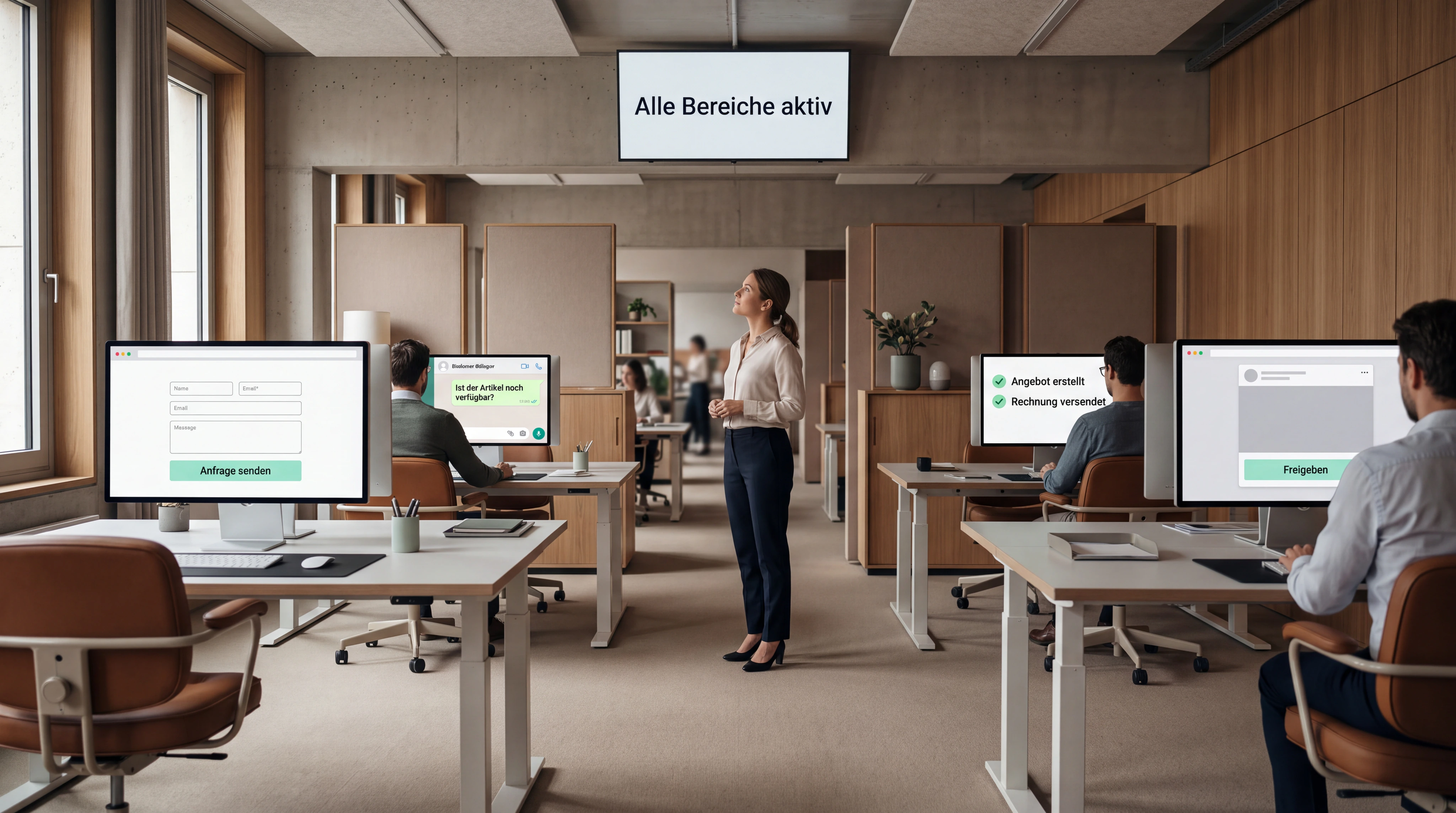 Ein hochwertiger realer Arbeitsraum mit vier klar unterscheidbaren Stationen: Website-Anfrage, Kundendialog, interner Ablauf und Content-Freigabe. Eine Unternehmerin steht in der Mitte und sieht einen ruhigen gemeinsamen Statusüberblick; keine futuristische Technik.