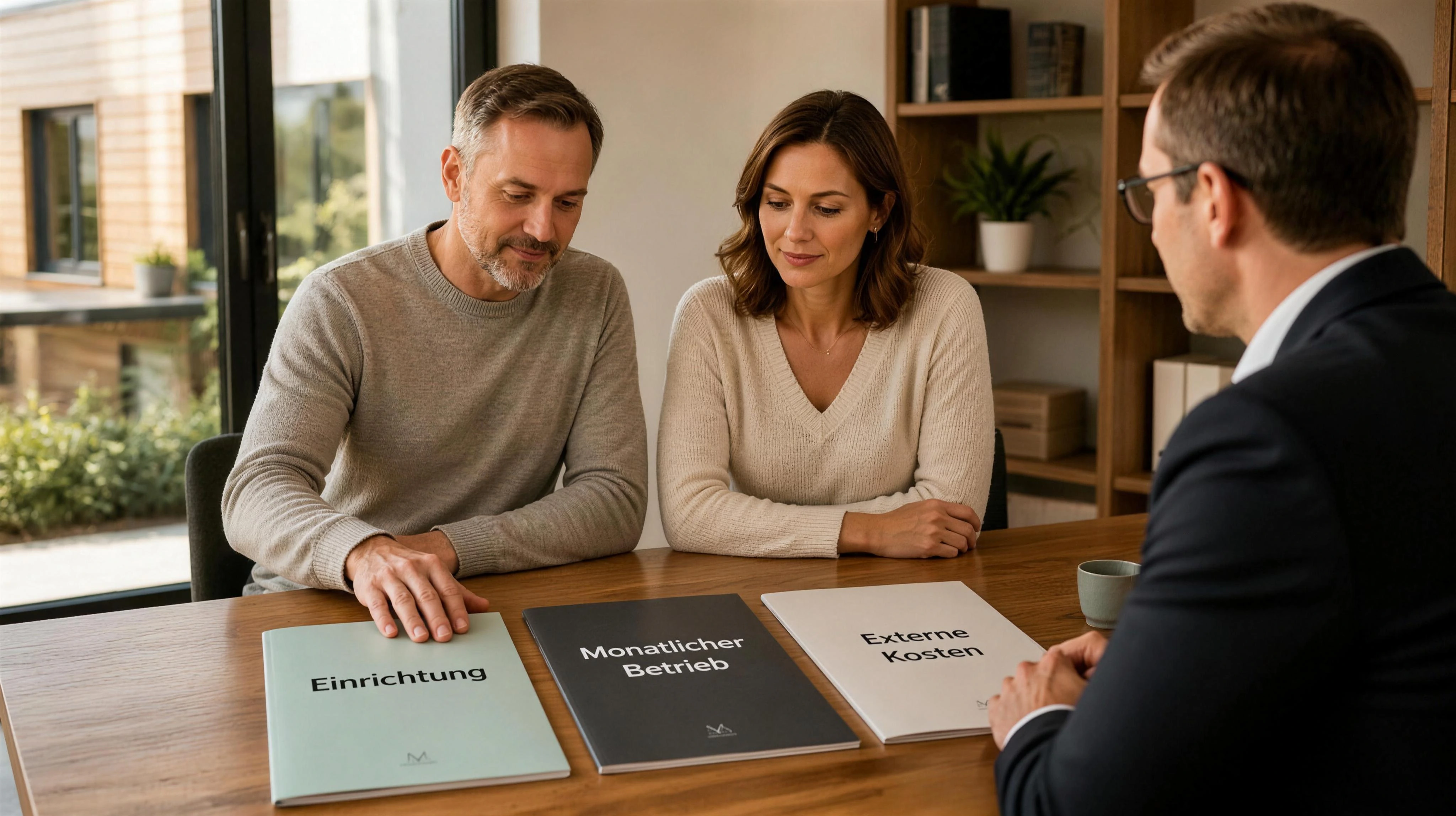 Eine ruhige Beratungsszene am Tisch. Drei physisch getrennte, hochwertige Angebotsmappen liegen nebeneinander und stehen für Einrichtung, monatlichen Betrieb und externe Kosten; der Unternehmer kann jede Position einzeln nachvollziehen. Keine lesbaren Preiszahlen im generierten Bild.