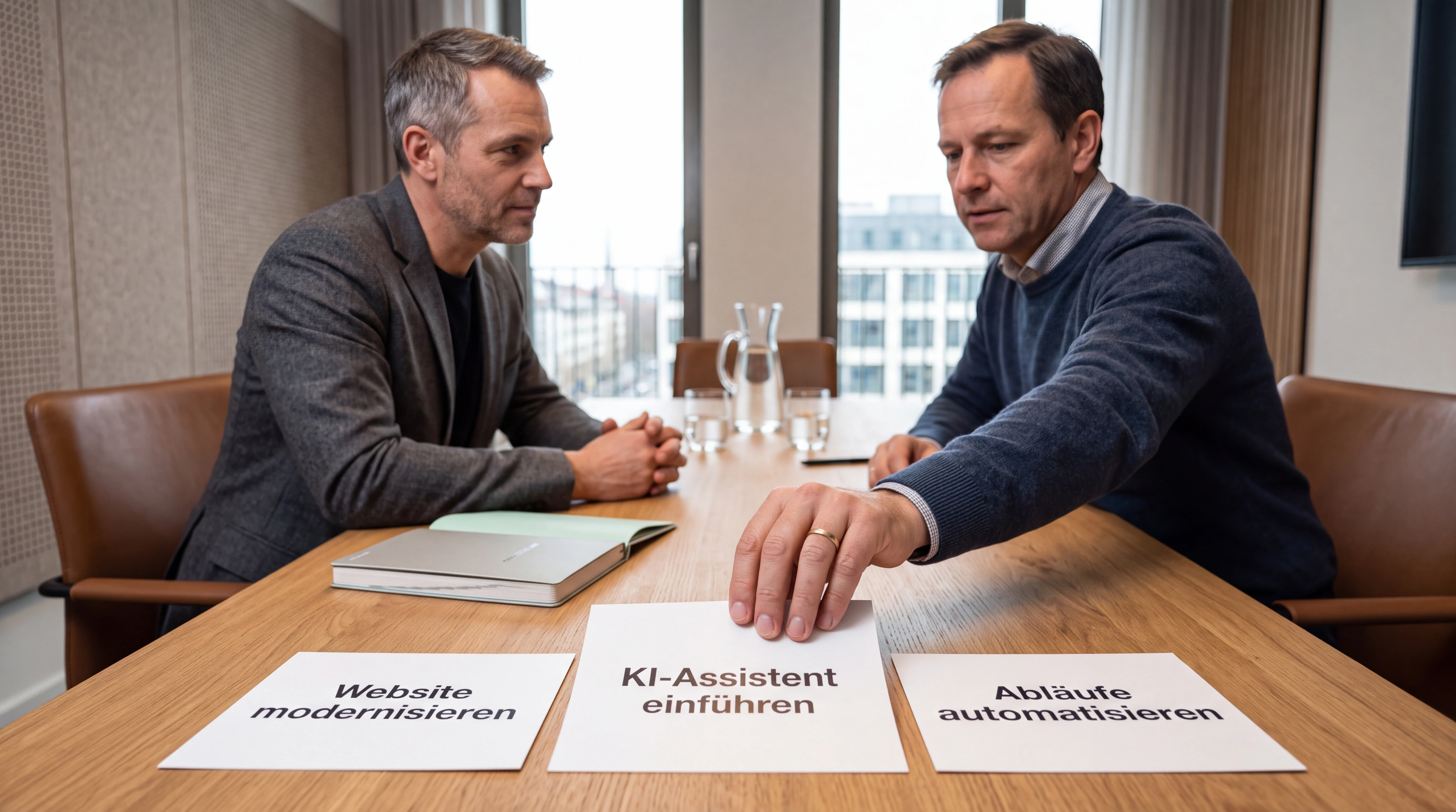Ein Unternehmer und eine Beraterin vergleichen drei sauber visualisierte Lösungswege auf ausgedruckten Karten und wählen bewusst nur einen ersten Schritt. Ruhige, partnerschaftliche Entscheidung, kein Verkaufsgespräch-Klischee.