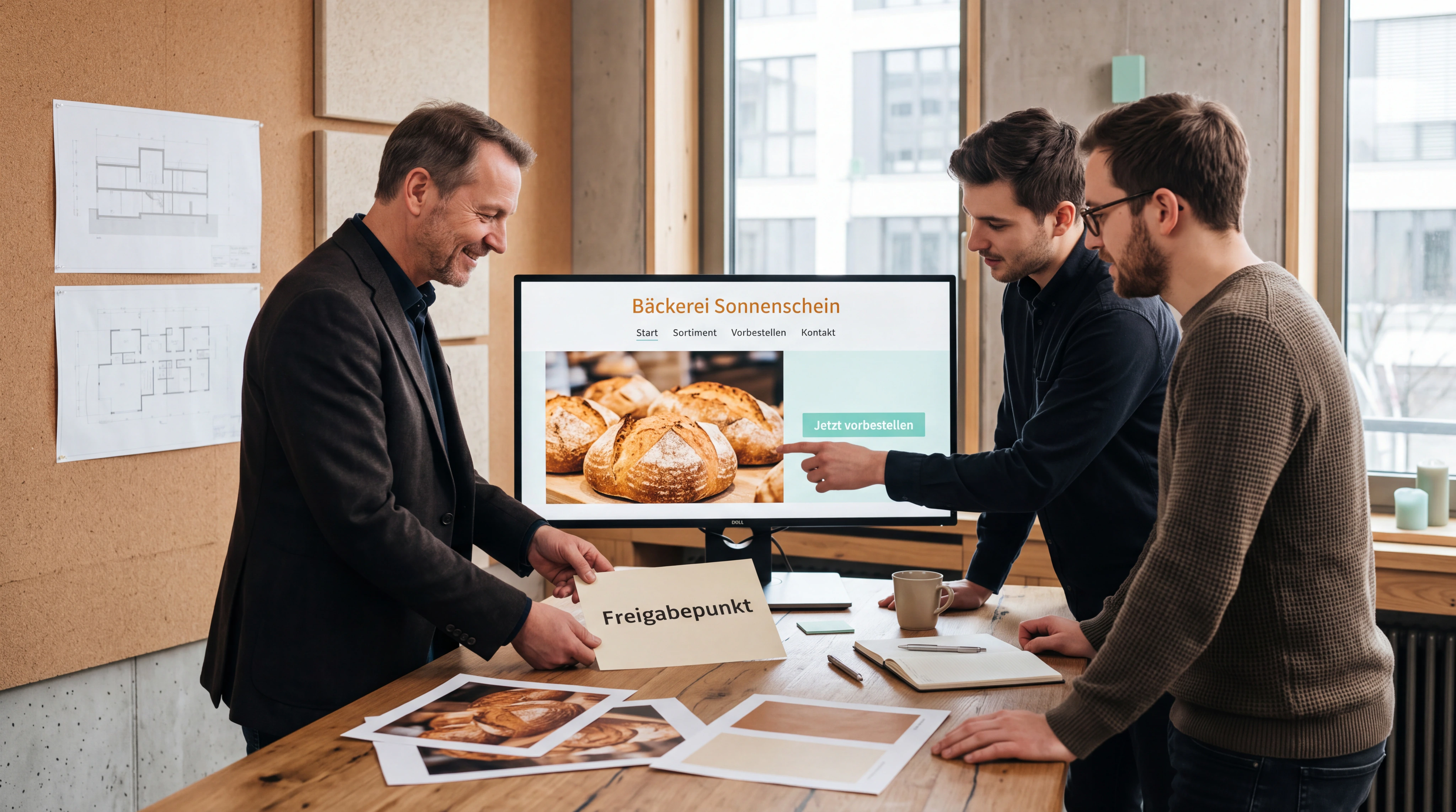 Kleine Projektwerkstatt mit Designerin, Entwickler und Unternehmensinhaber. Auf dem großen Bildschirm steht ein realer Website-Prototyp, daneben werden Inhalte und ein Freigabepunkt abgestimmt. Glaubwürdige konzentrierte Zusammenarbeit.