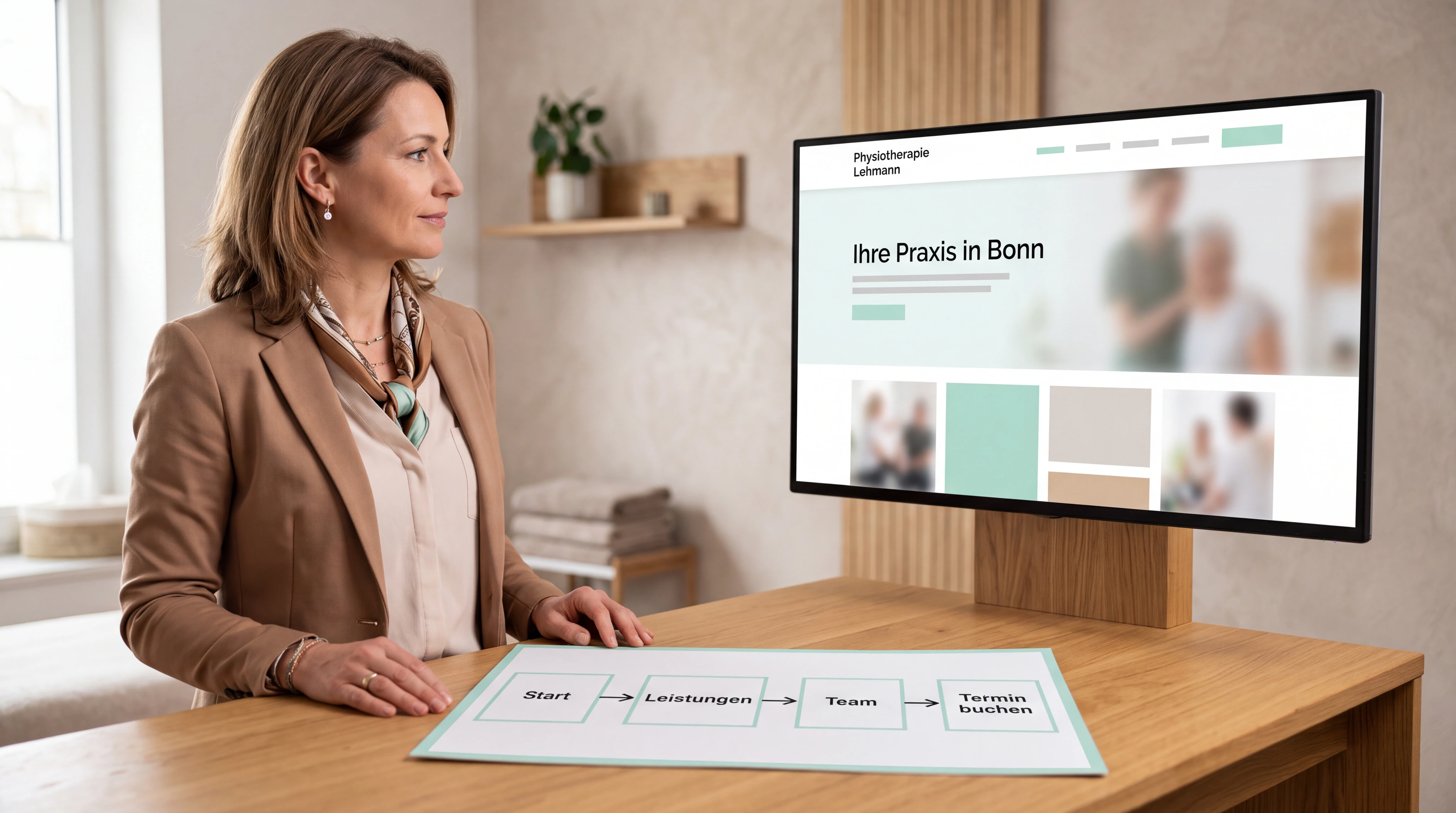 Eine Unternehmerin vor ihrer bestehenden Website auf einem großen Monitor; daneben liegt ein klarer neuer Seitenplan. Das Bild zeigt: Vertrautes bleibt, Wirkung und Bedienung werden gezielt verbessert.