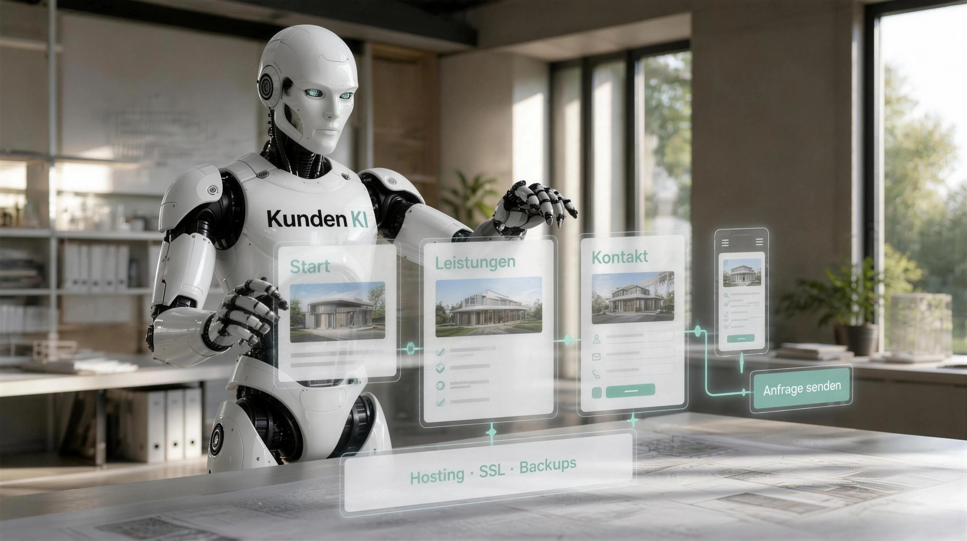 Kai steht in einem hellen digitalen Architekturstudio vor einer räumlichen Website-Struktur. Er ordnet Seiten, mobile Ansicht, Anfrageweg und technische Grundlage zu einem klaren Ganzen; keine Tastatur und kein physischer Computer in seinen Händen.