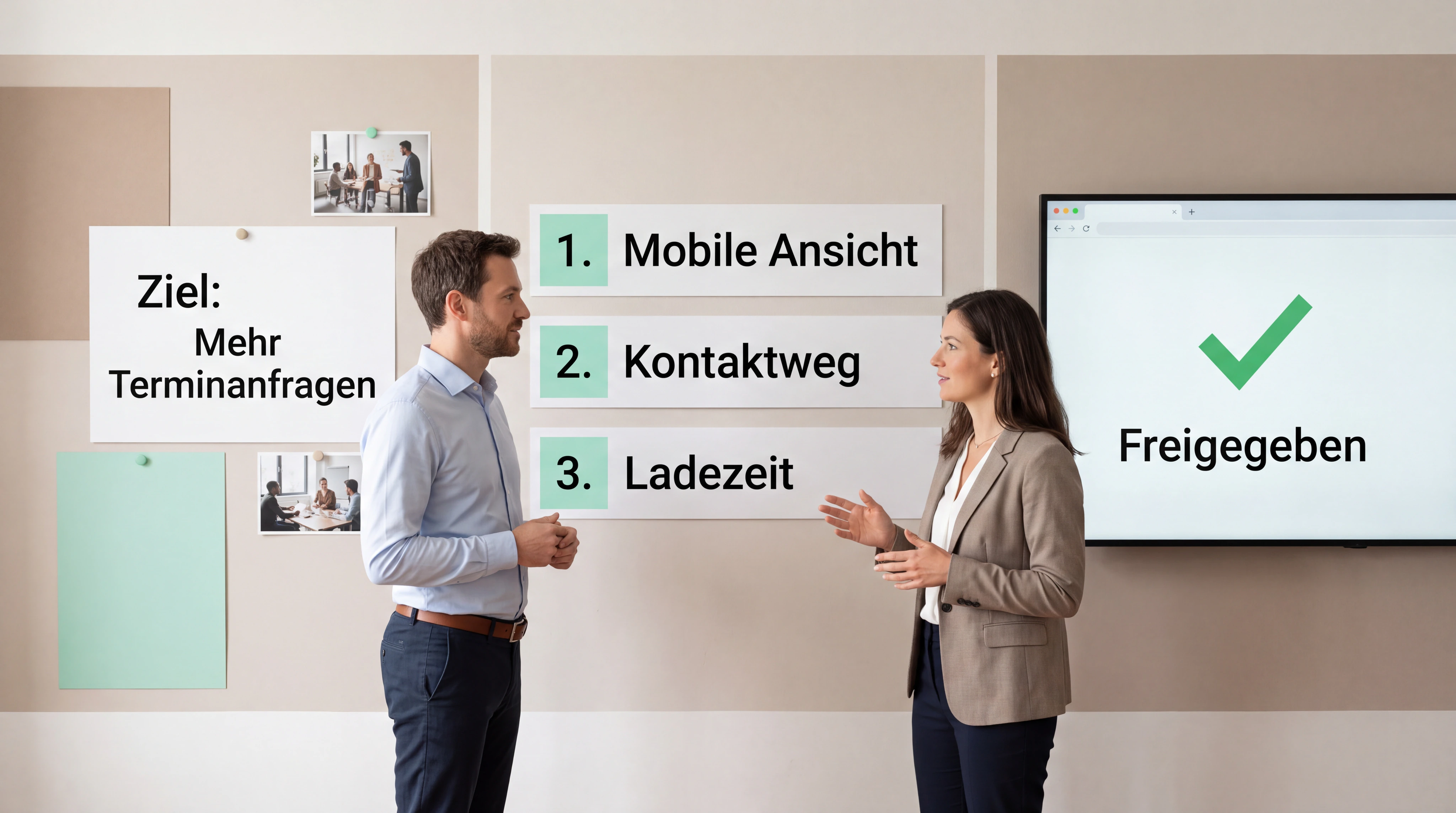 Ein realer Website-Workshop: links das konkrete Unternehmensziel, in der Mitte priorisierte Änderungen, rechts ein freigegebener Prototyp. Nur das Notwendige wird verändert.