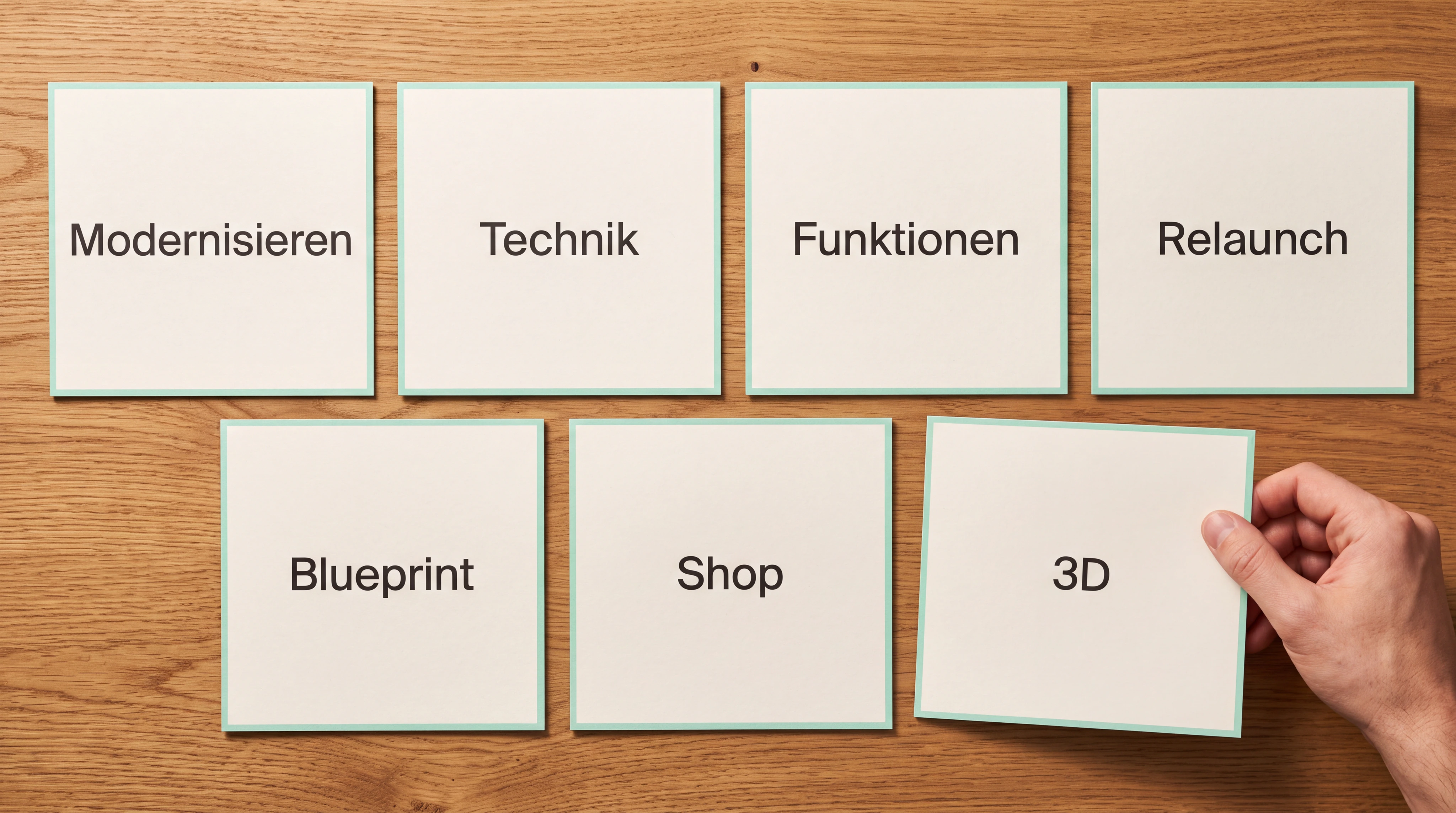 Sieben hochwertig gestaltete physische Projektkarten liegen als übersichtlicher Fächer auf einem großen Arbeitstisch: modernisieren, Technik, Funktionen, Relaunch, Blueprint, Shop und 3D. Keine lesbaren Fantasietexte.