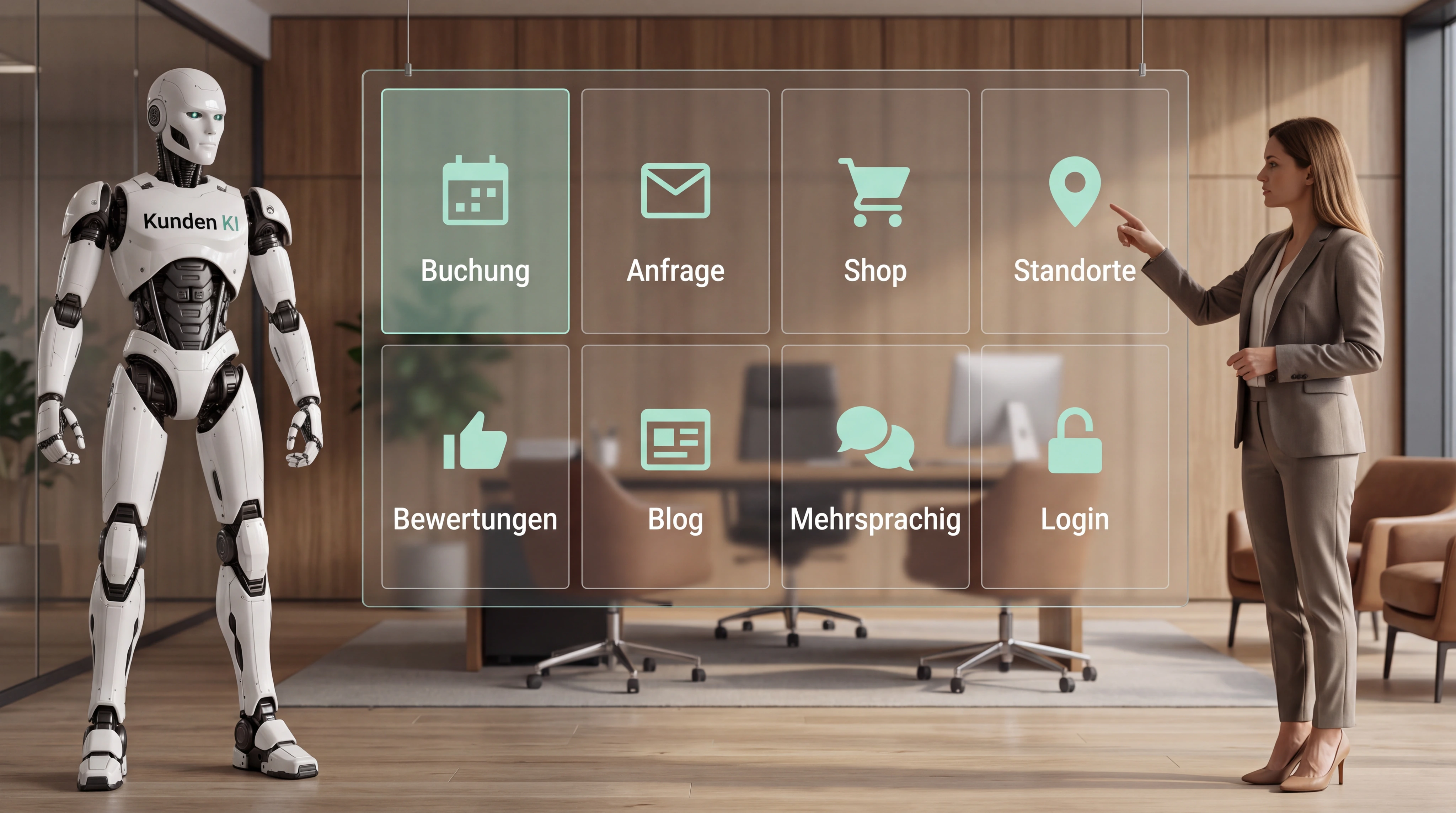 Kai zeigt einer Unternehmerin auf einer transparenten räumlichen Oberfläche acht klar getrennte Funktionsbereiche. Die Flächen sind durch reale Beispiele angedeutet, nicht durch generische Icons.
