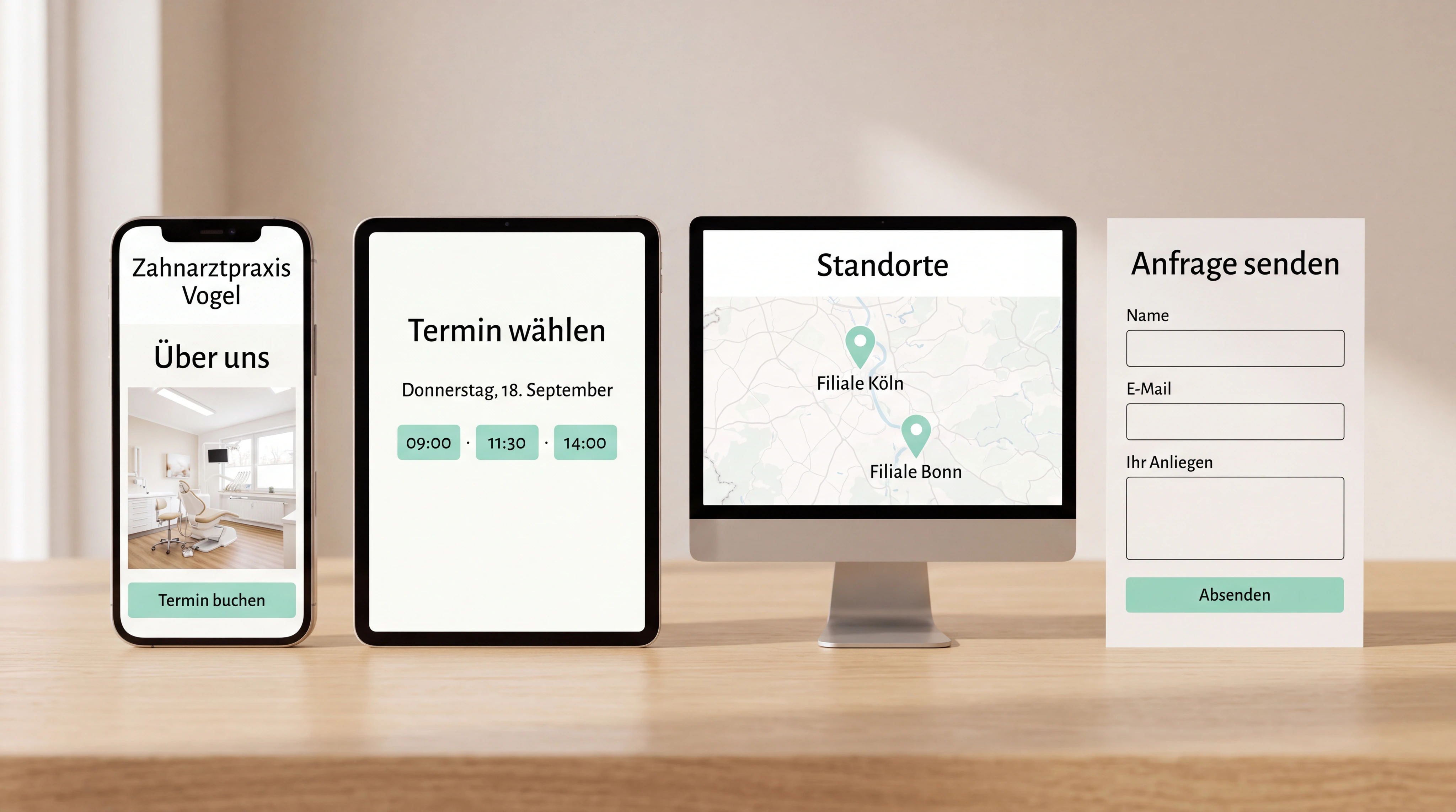 Ein hochwertiges Tisch-Setup mit vier greifbaren Ergebnissen: mobile Website, Buchungsansicht, Standortfinder und Anfrageformular. Jedes Ergebnis ist klar getrennt und realistisch.