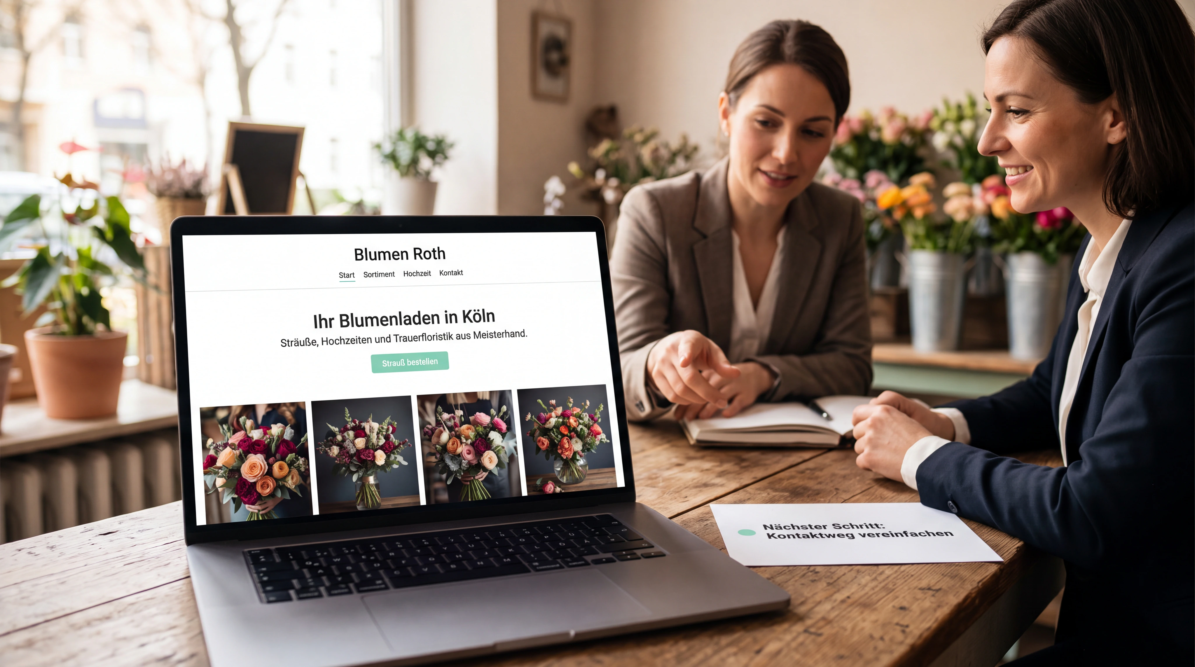 Eine Unternehmerin zeigt einer Beraterin die bestehende Website auf dem Laptop; beide markieren gemeinsam genau den nächsten sinnvollen Schritt. Warmes Tageslicht, ruhige Zuversicht.