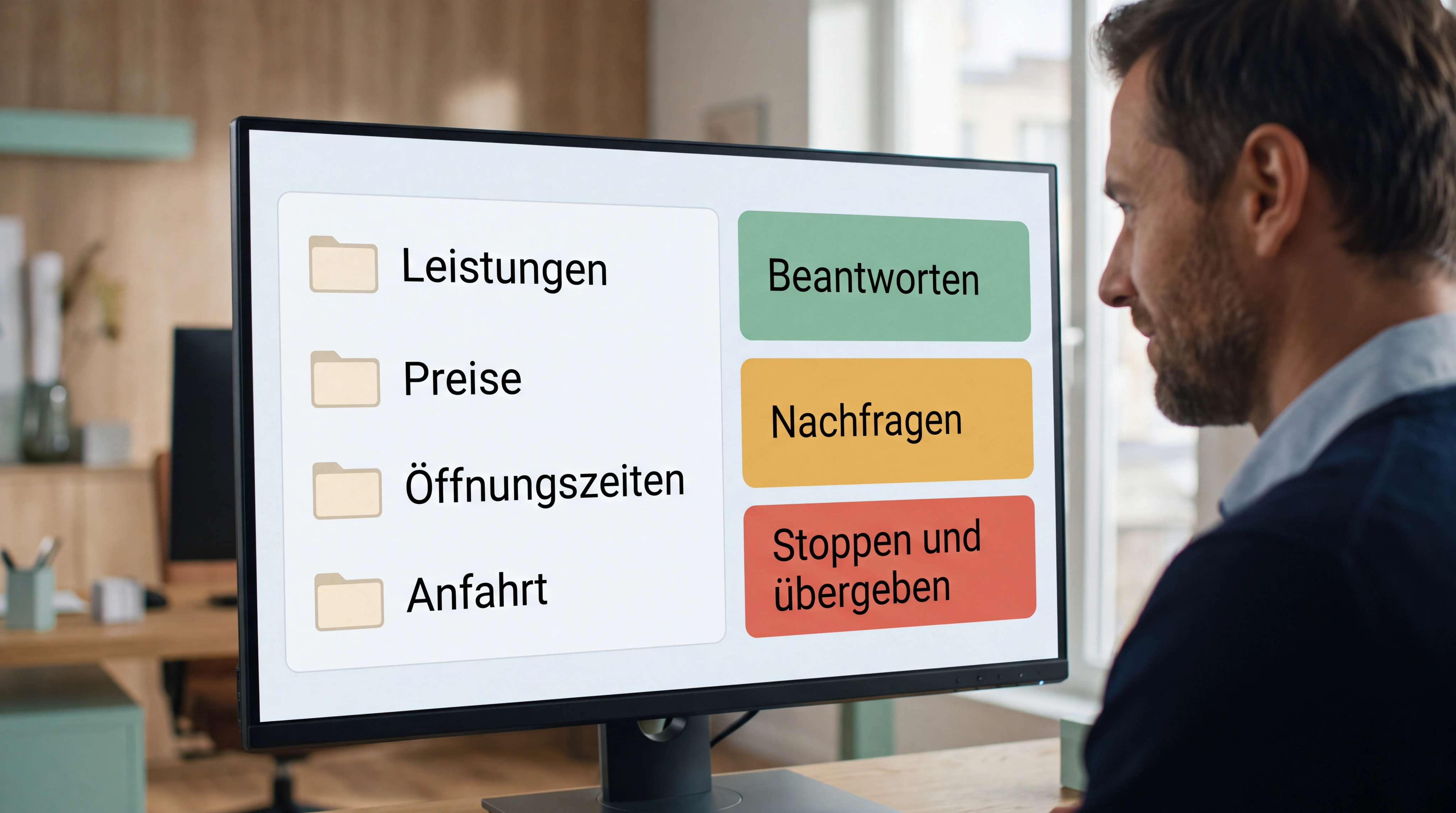 Eine sauber strukturierte Wissensbasis auf einem großen Bildschirm, daneben drei deutlich getrennte Zustände: beantworten, nachfragen, stoppen. Eine Verantwortliche prüft die Regeln.