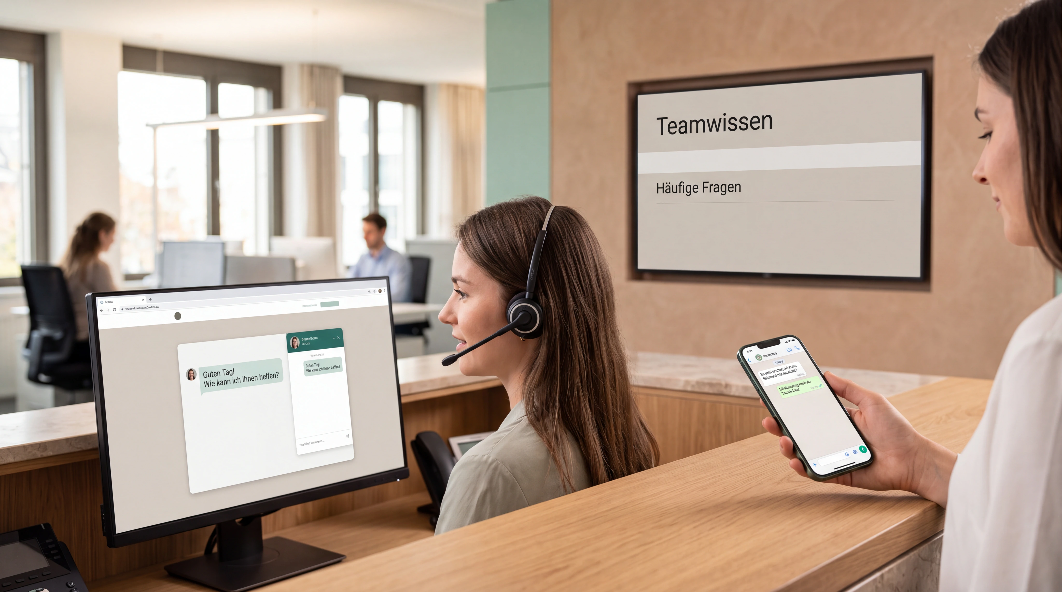 Vier reale Kontaktmomente in einer zusammenhängenden Empfangsszene: Website-Chat, WhatsApp, Telefon und internes Teamwissen. Die Kanäle sind klar erkennbar, aber nicht als Collage gestaltet.
