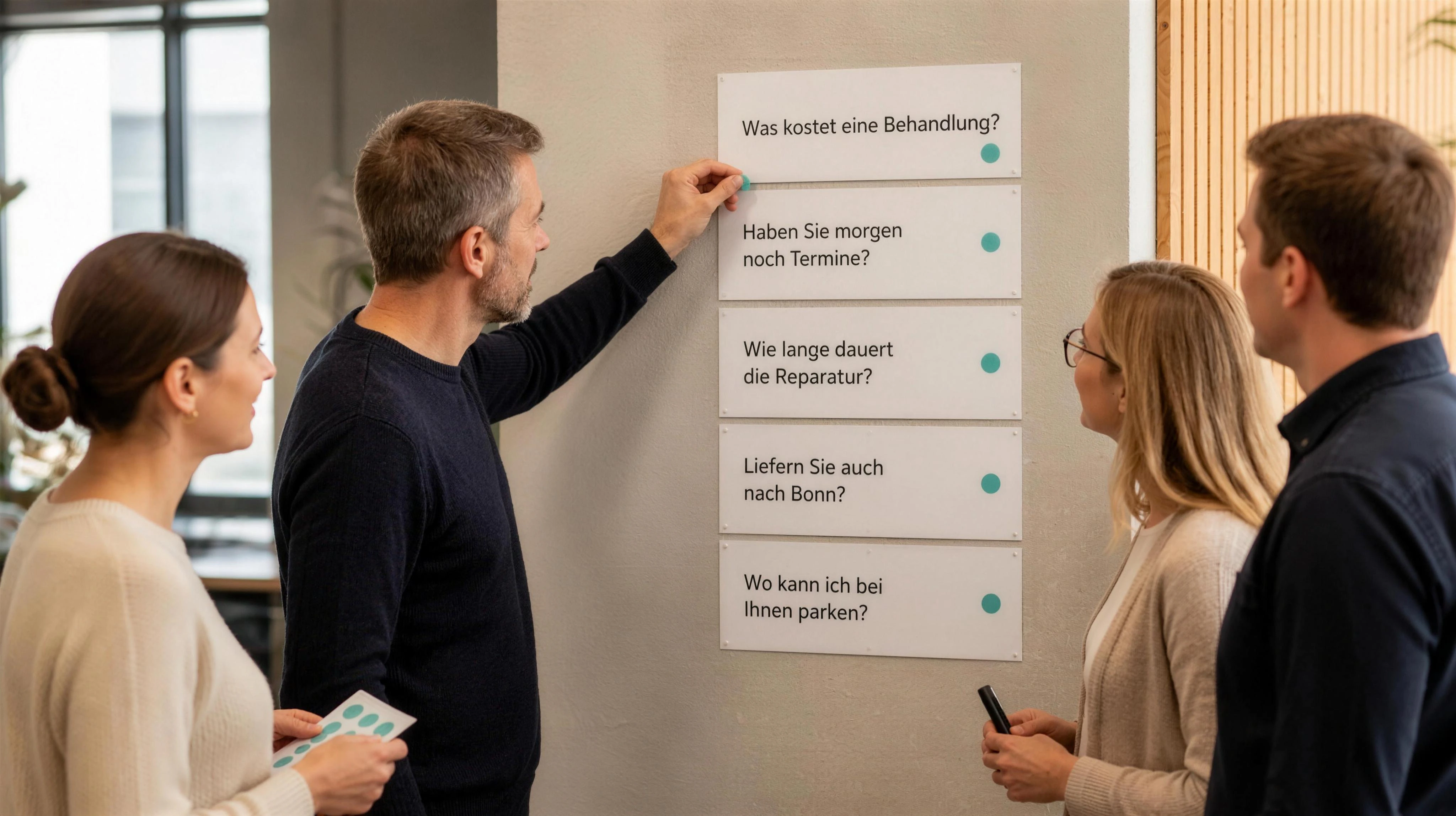 Ein Team markiert auf einer Wand genau fünf wiederkehrende Kundenfragen, die heute am meisten Zeit kosten. Authentischer Workshop, konzentrierte Gesichter.