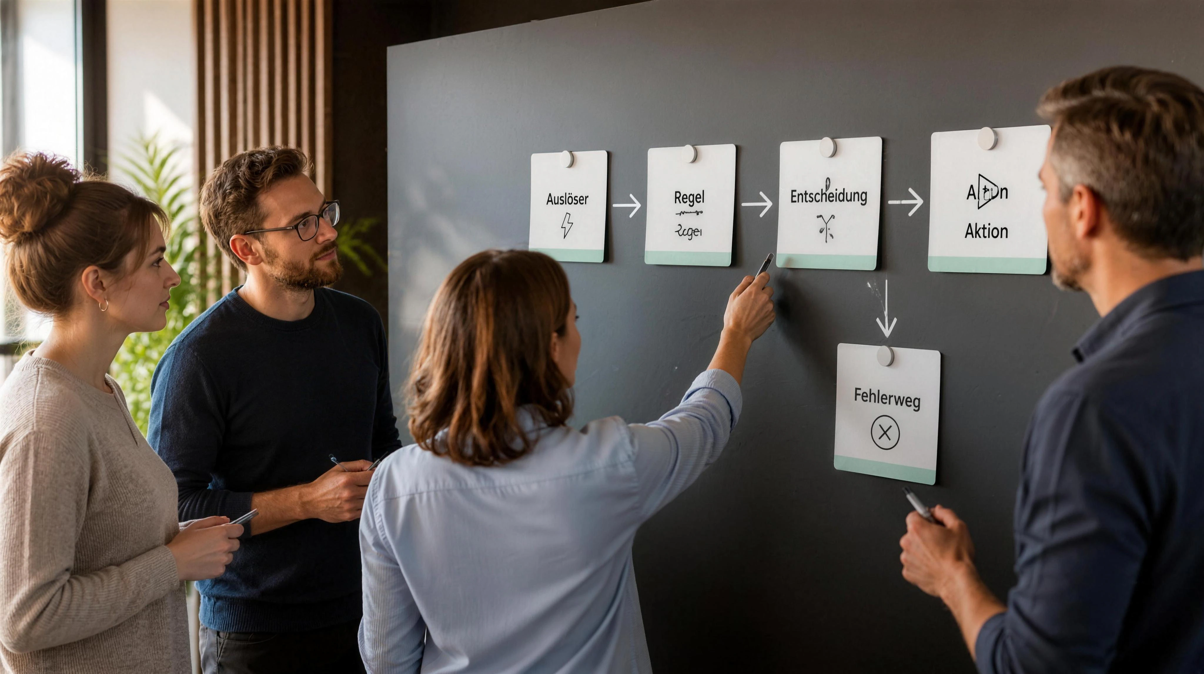 Ein realer Prozess wird auf einem großen Wandboard von links nach rechts aufgebaut: Auslöser, Regel, Entscheidung, Aktion und Fehlerweg. Ein Team prüft jeden Schritt.