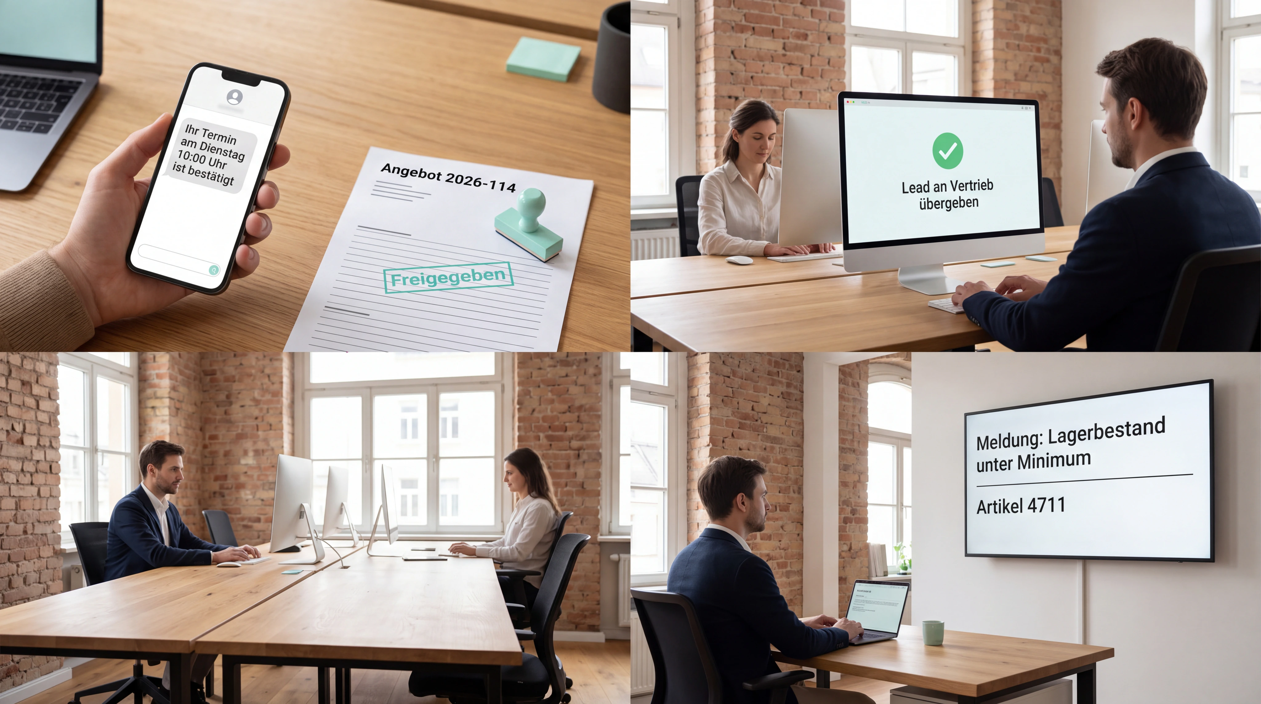 Vier glaubwürdige Arbeitsmomente in einem gemeinsamen Büro: Lead-Weitergabe, Terminbestätigung, Dokumentfreigabe und interne Meldung. Keine Symbolcollage.