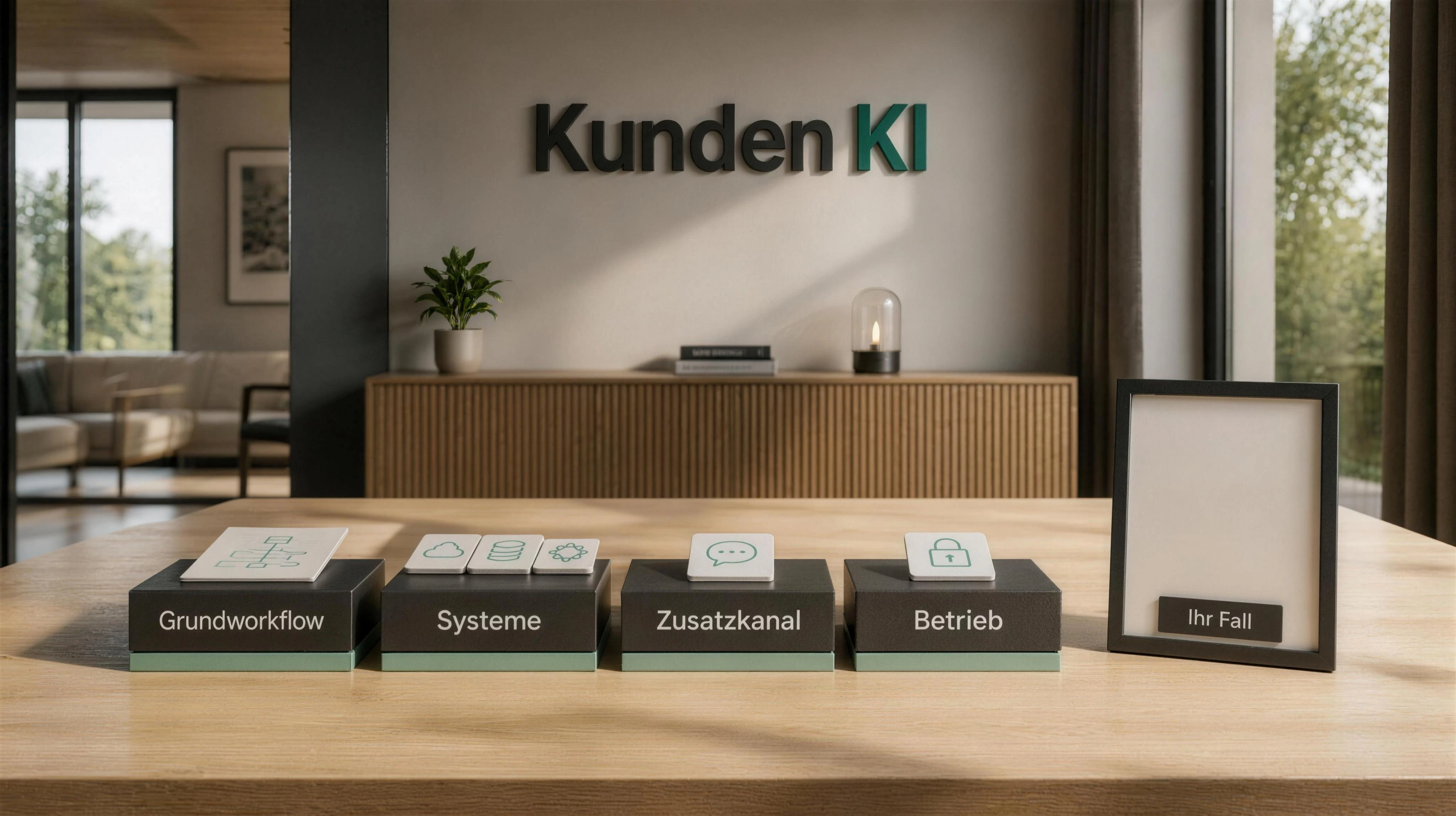 Auf einem Beratungstisch liegen klar getrennte Projektbausteine für Grundworkflow, Systeme, Zusatzkanal und Betrieb. Daneben ein leerer Scope-Rahmen für individuelle Fälle.