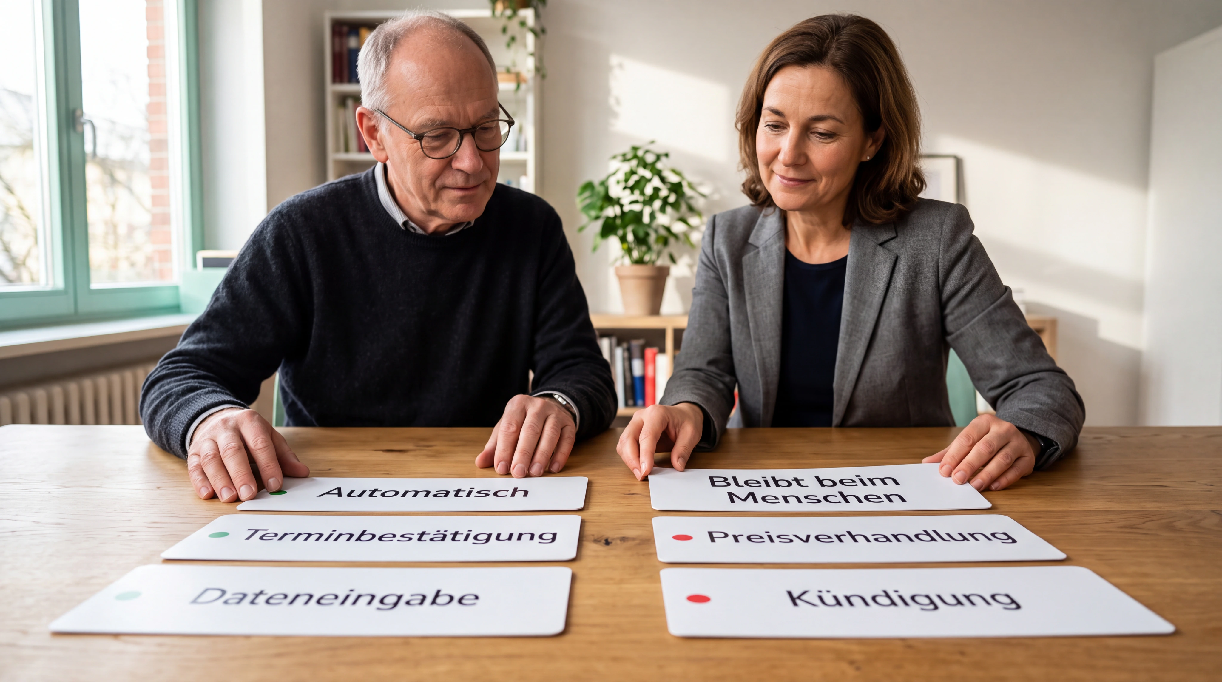 Eine Prozessberaterin und ein Unternehmer markieren gemeinsam, welche Schritte automatisch laufen dürfen und welche bewusst beim Menschen bleiben. Realer Workshop, klare rote und grüne Marker ohne lesbaren Text.