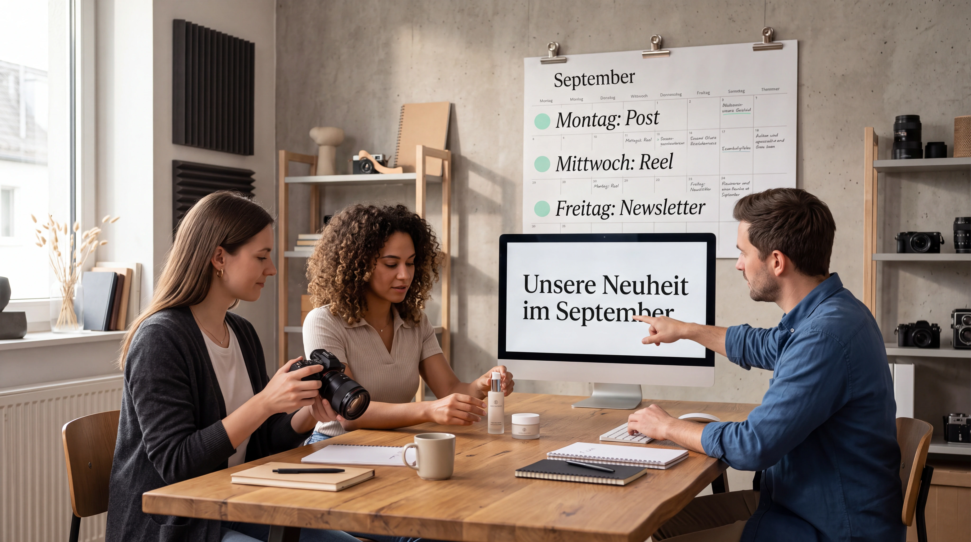Ein kleines professionelles Content-Team bereitet aus einem Kernthema mehrere Veröffentlichungen vor. Kamera, Produkt, Textentwurf und Freigabekalender gehören sichtbar zusammen.