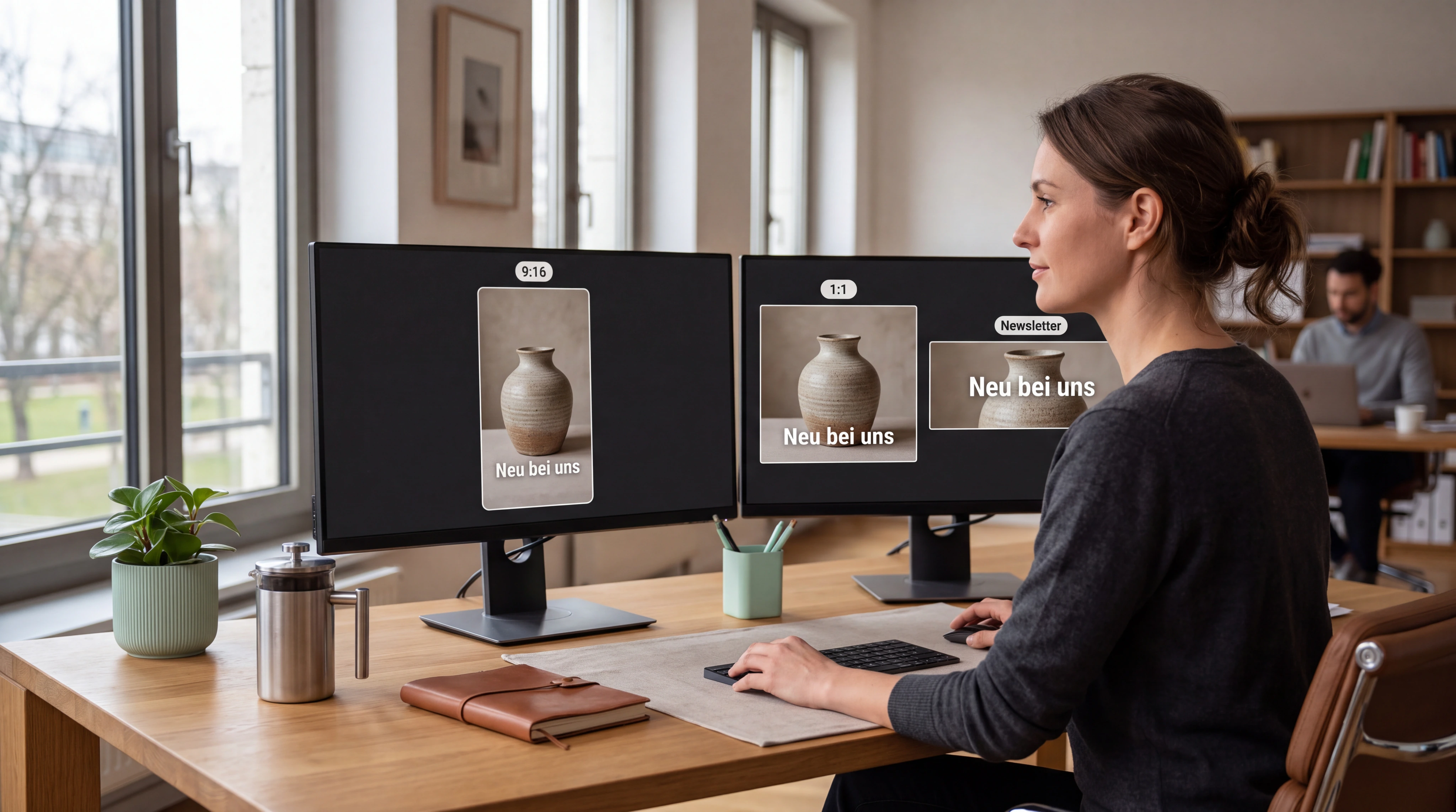 Ein fertiger Markenbeitrag wird von einer Marketingmanagerin für mehrere Kanäle angepasst. Das Ausgangsmaterial bleibt identisch, Formate und Zuschnitt ändern sich sichtbar.