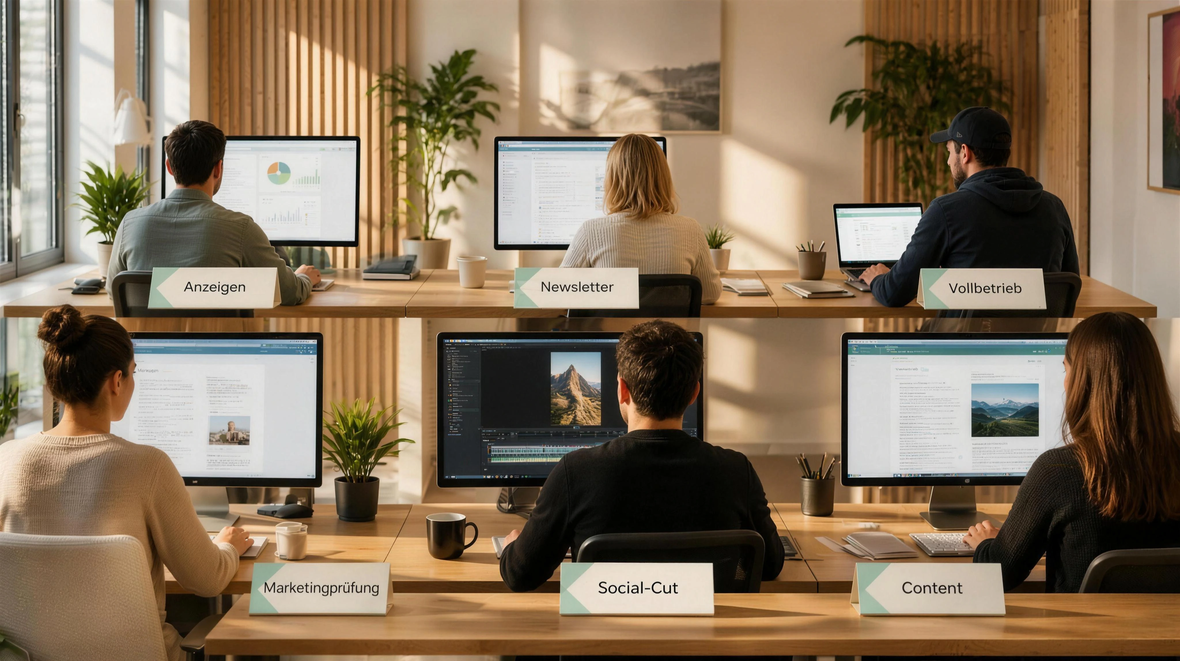 Sechs sauber getrennte Arbeitsstationen in einem hellen Studio: Marketingprüfung, Social-Cut, Content, Anzeigen, Newsletter und Vollbetrieb. Jedes Motiv bleibt real statt icon-basiert.