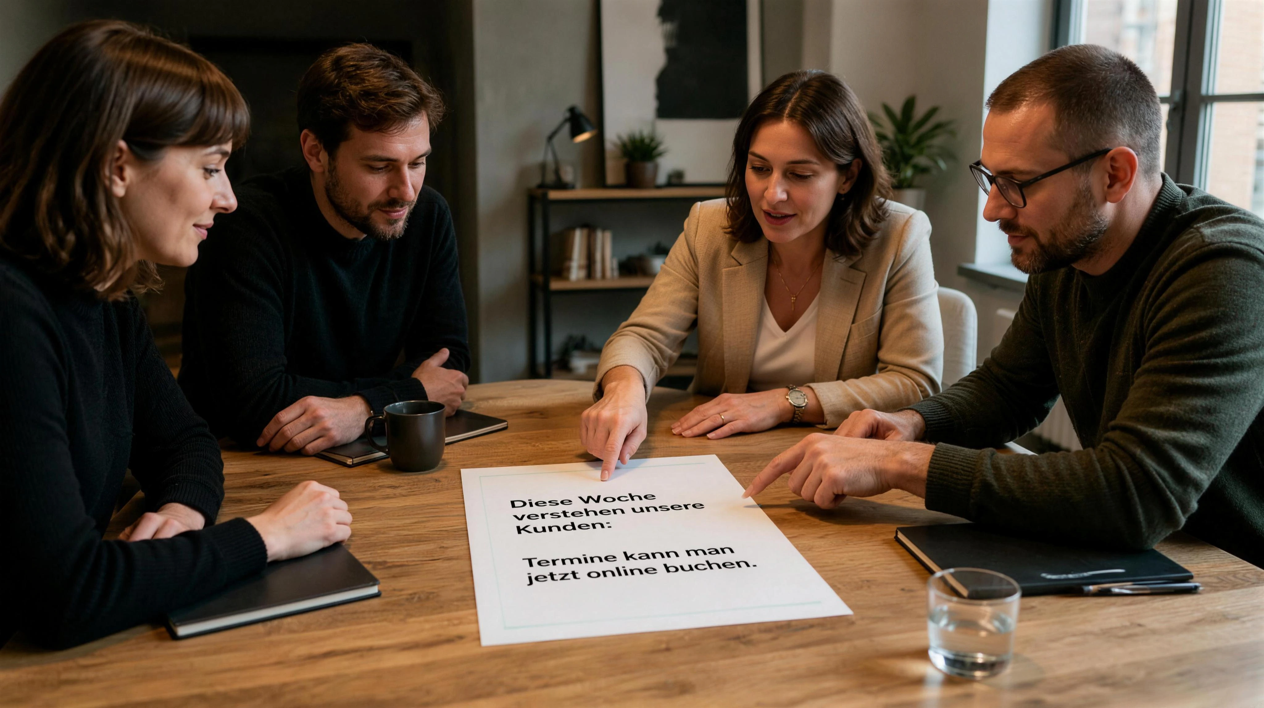 Unternehmerin und Kreativteam formulieren gemeinsam das eine Thema, das Kunden in dieser Woche verstehen sollen. Ein klarer Fokuszettel liegt in der Mitte des Tisches.