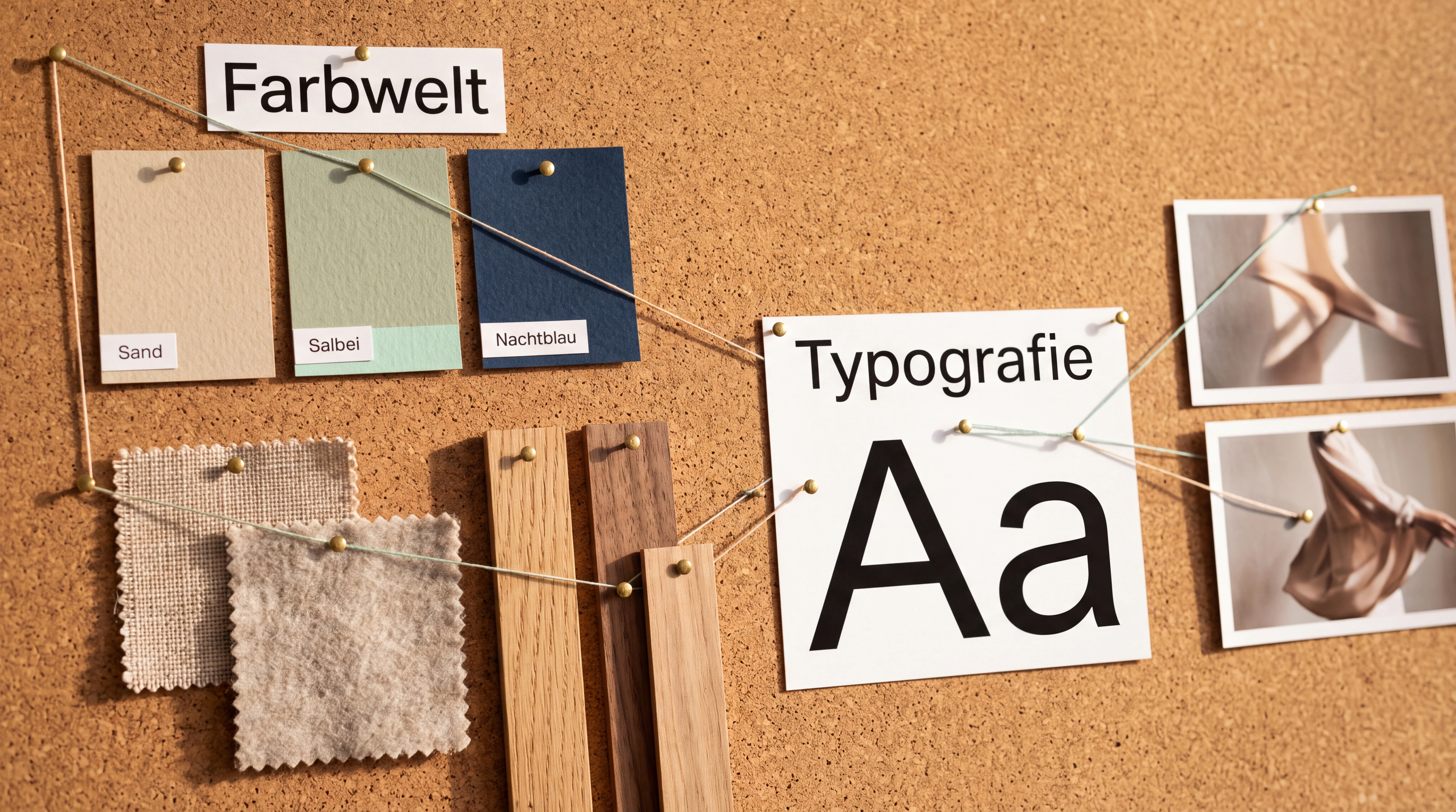 Nahaufnahme eines Moodboards, in dem Farben, Material, Typografie, Raum und Bewegung nachvollziehbar aus einer gemeinsamen kreativen Richtung entstehen.
