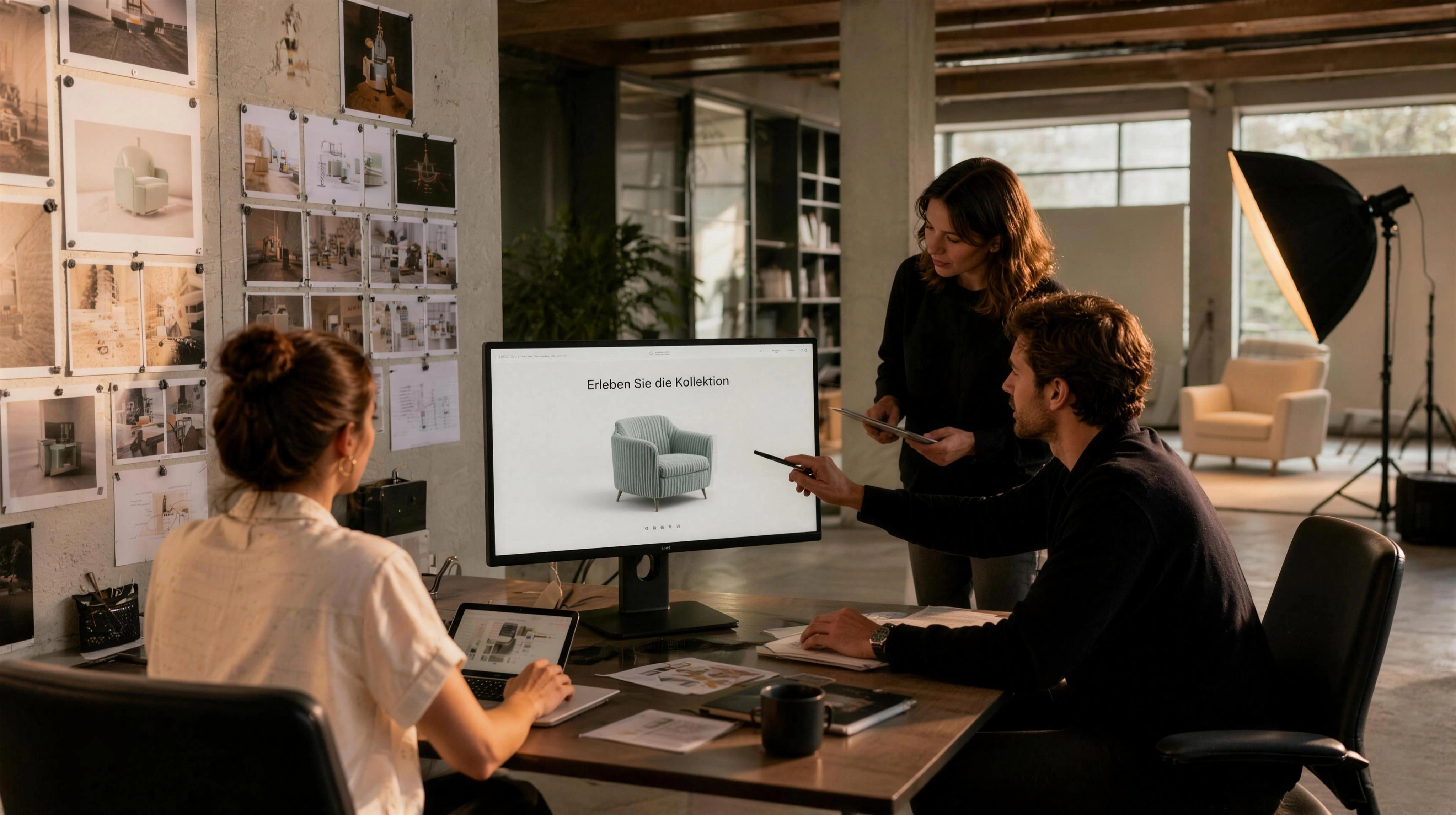 Drei reale Zonen eines Premiumstudios gehen räumlich ineinander über: Art Direction, interaktive Website mit 3D und Filmproduktion. Elegante Materialien, keine Neon-Zukunftsästhetik.