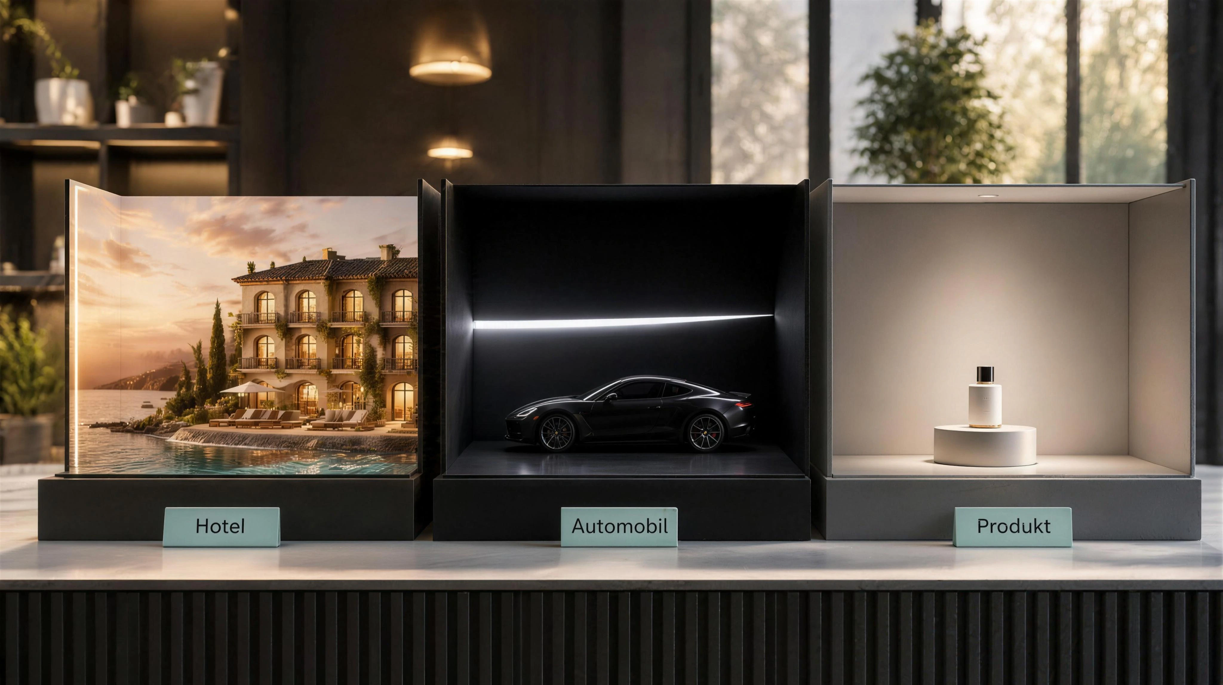 Drei hochwertige Miniatur-Sets nebeneinander: warmes Küstenhotel, leistungsstarkes Automobil und reduzierte Luxusproduktwelt. Jedes Set wirkt wie ein kommendes Filmprojekt.