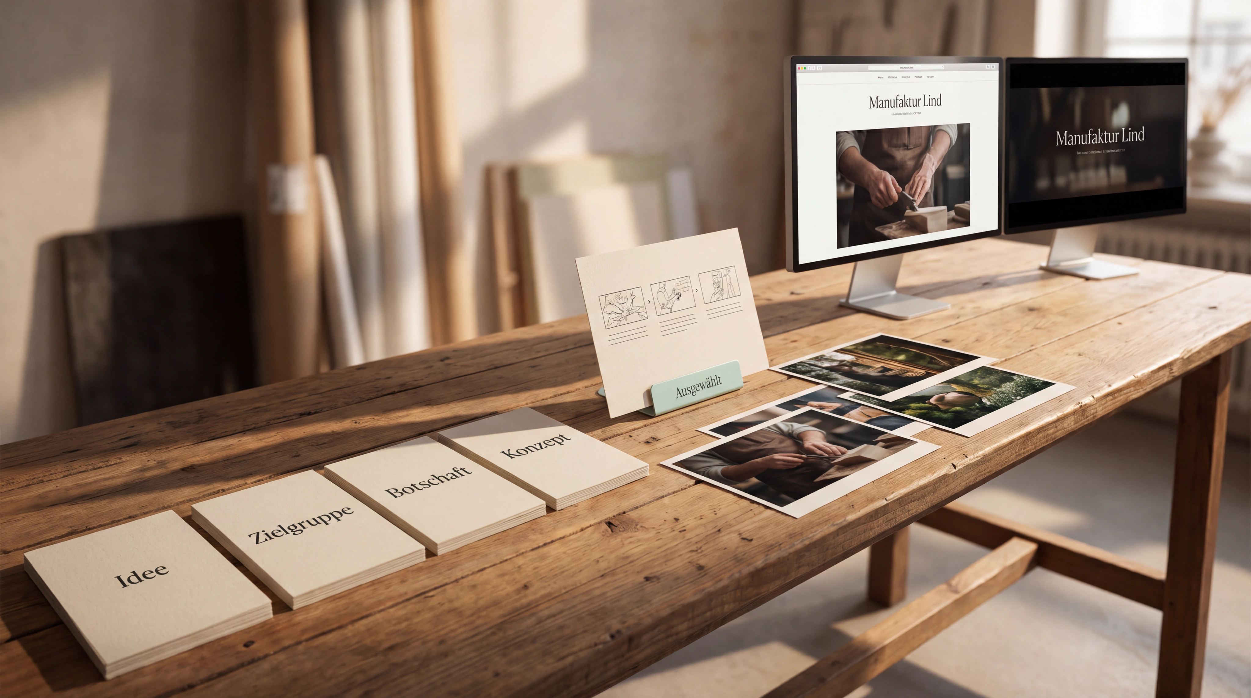 Von fünf Storykarten über ausgewähltes Storyboard und freigegebene Bildwelt bis zum finalen Website- und Filmframe auf einem langen Produktionstisch.